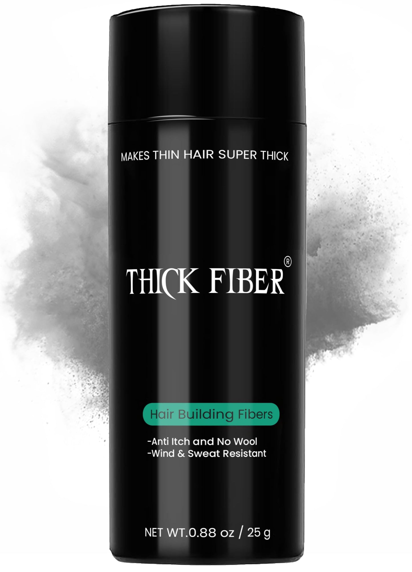 THICK FIBER Hair Fibers for Thinning Hair & Bald spots (BLACK) - 25g Bottle - Conceals Hair Loss in Seconds - Hair Powder for Women & Men