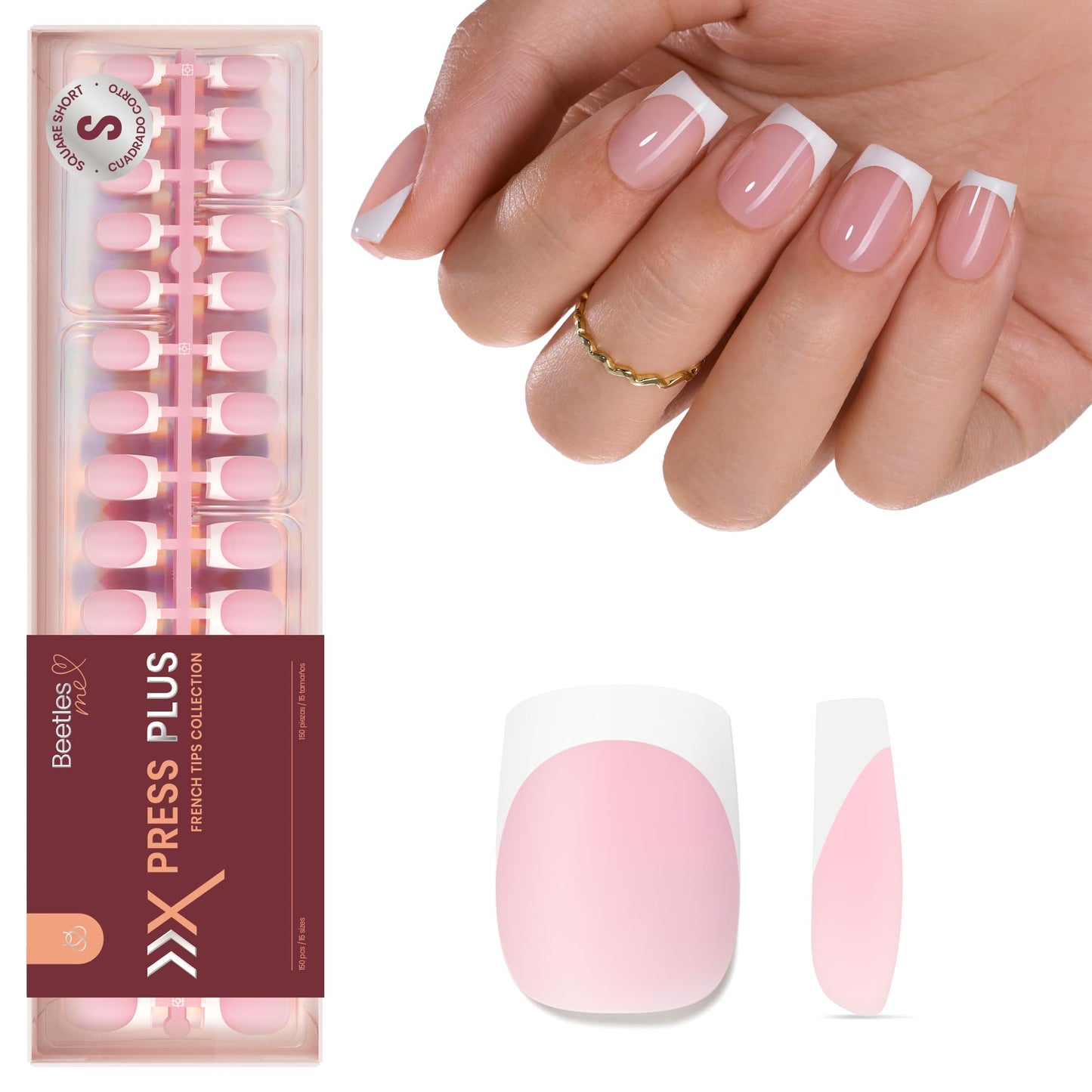 Beetles X Press Gel Nail Kit: Long Square French Tip Press On Nails Kit With 224Pcs Nail Tips Nail Glue & Builder Top Coat Mini UV Light, All-in-One DIY Designs Gift For Women At Home 16 Size