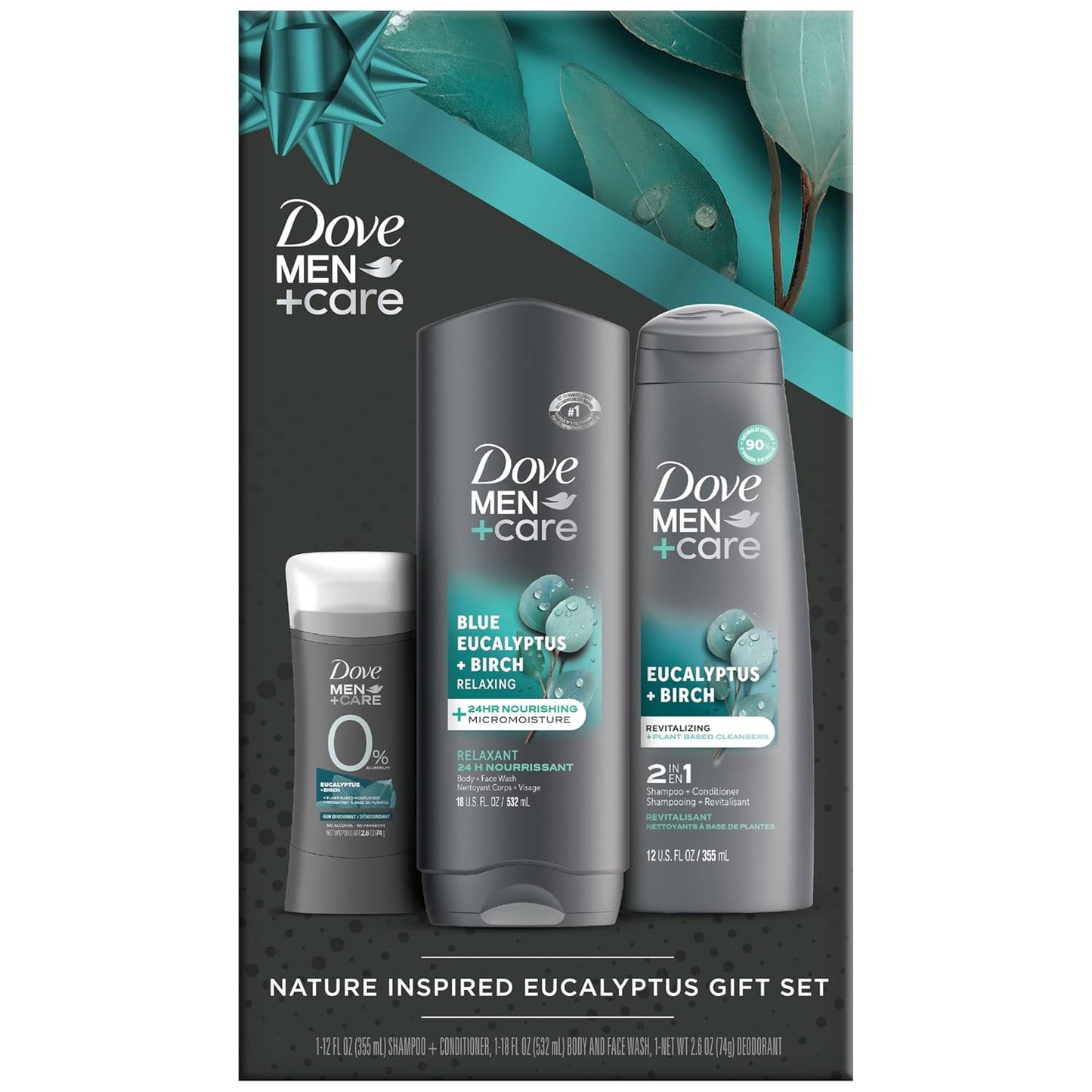Dove Men + Care Bundle – Blue Eucalyptus + Birch Body + Face Wash, 2-in-1 Shampoo + Conditioner & 48H Aluminum-Free Deodorant (3 Piece Set)