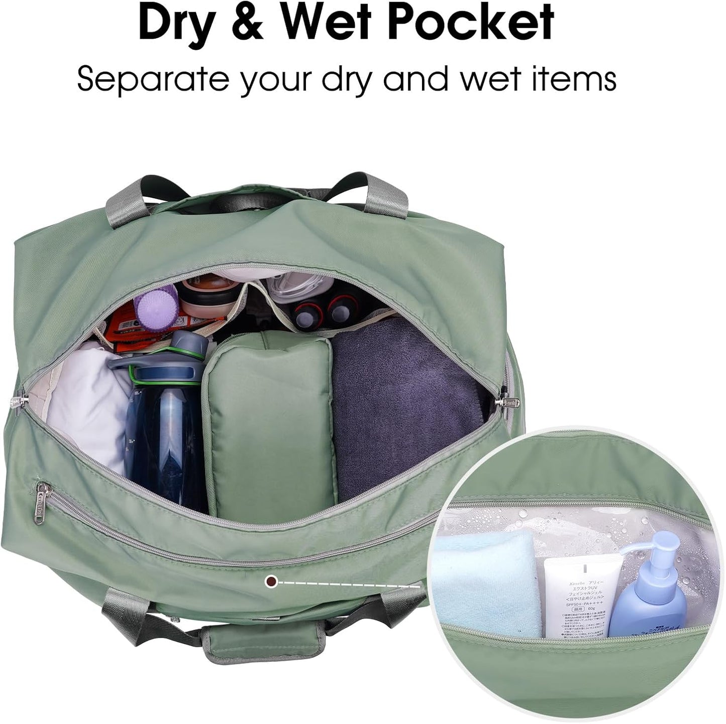 Ceneda 20" Gym Duffel Bag with Wet Pocket Shoes Compartment Portable Overnight Weekender Bag Travel bag Yoga Bag for Women (Celadon)
