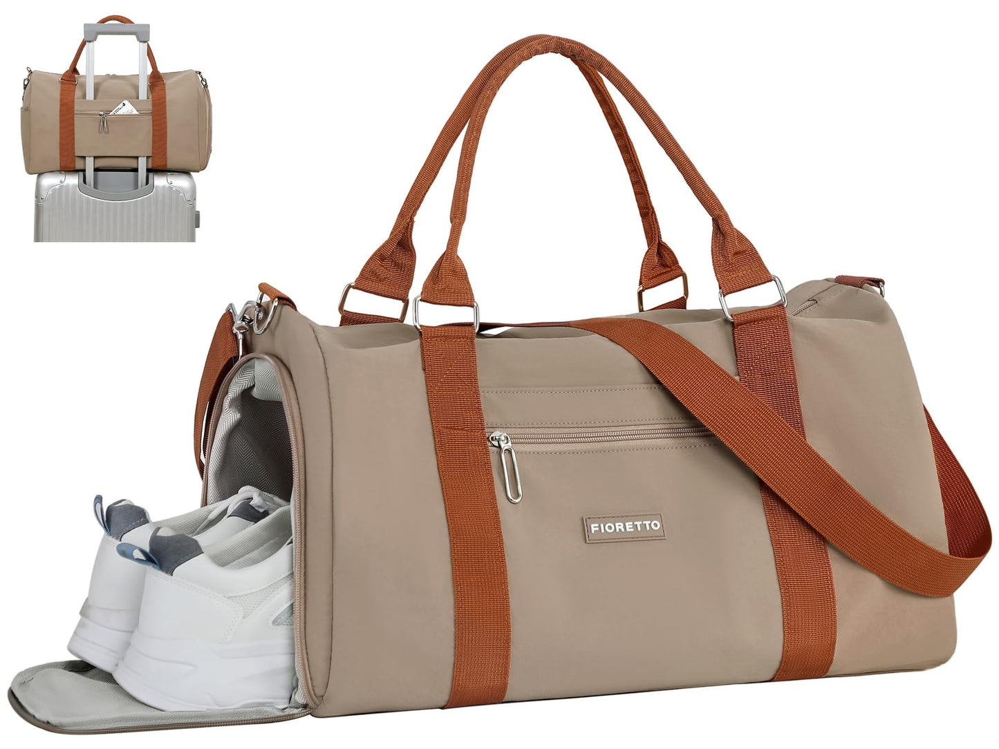 FIORETTO Womens Gym Tote Duffle Bag with Wet Pocket & Shoe Compartment, Sports Duffel Overnight Weekender Hospital Workout Carry on Bag for Girls, Ideal for Travel, Swimming, Dance, Ballet Beige