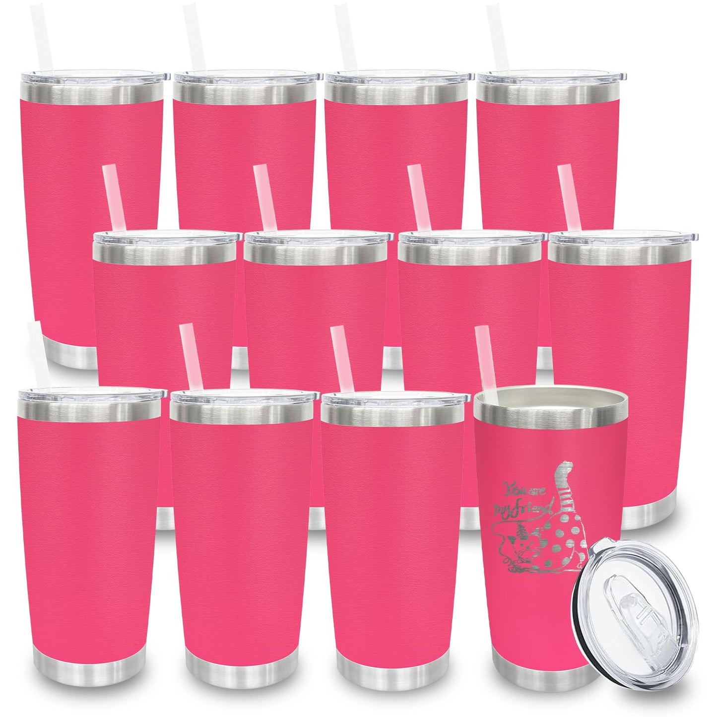 20 oz Tumblers Bulk, Stainless Steel Tumbler with Lid and Straw, Vacuum Double Wall Insulated Travel Coffee Mug with Sliding Lid, Powder Coated Cup for Hot and Cold Drinks (Stainless,6 pack)