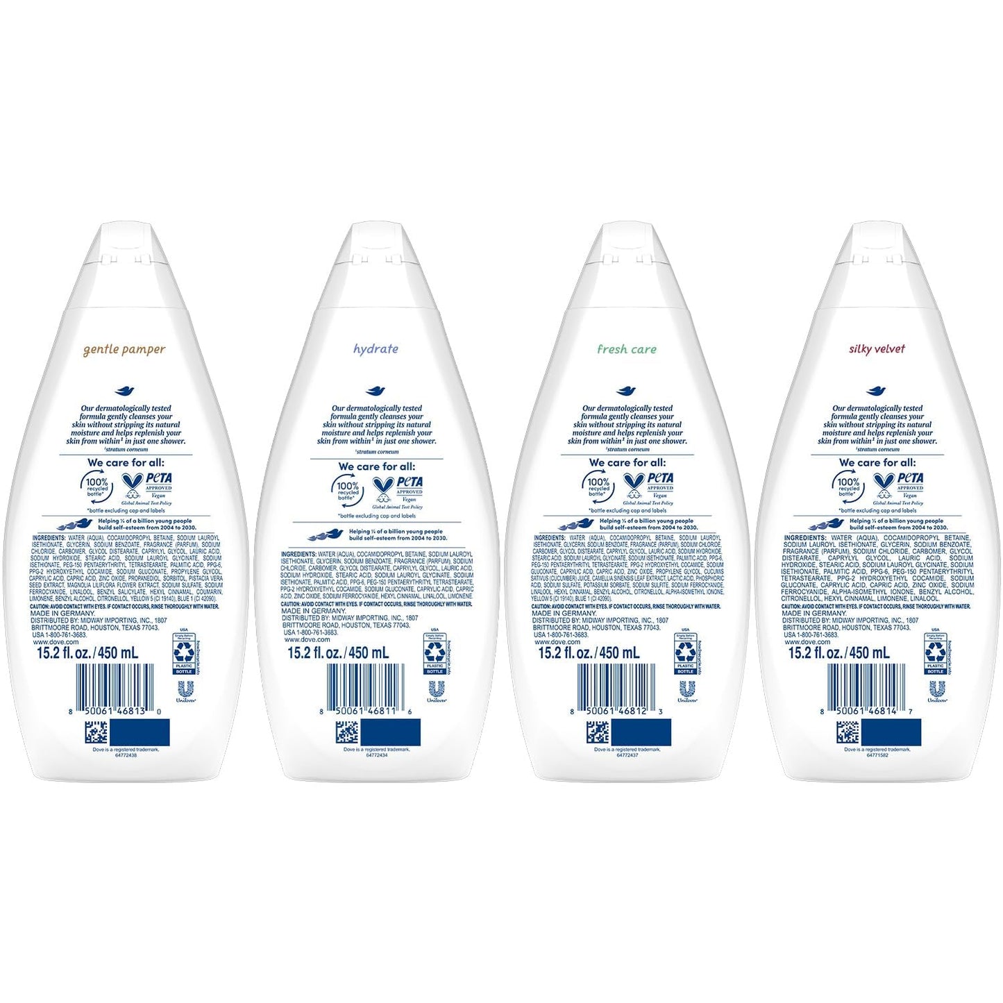 Dove Body Wash Variety 6-Pack – Hydrate, Gentle Pamper, Fresh Care, and Silky Velvet, 15.22 Oz Ea