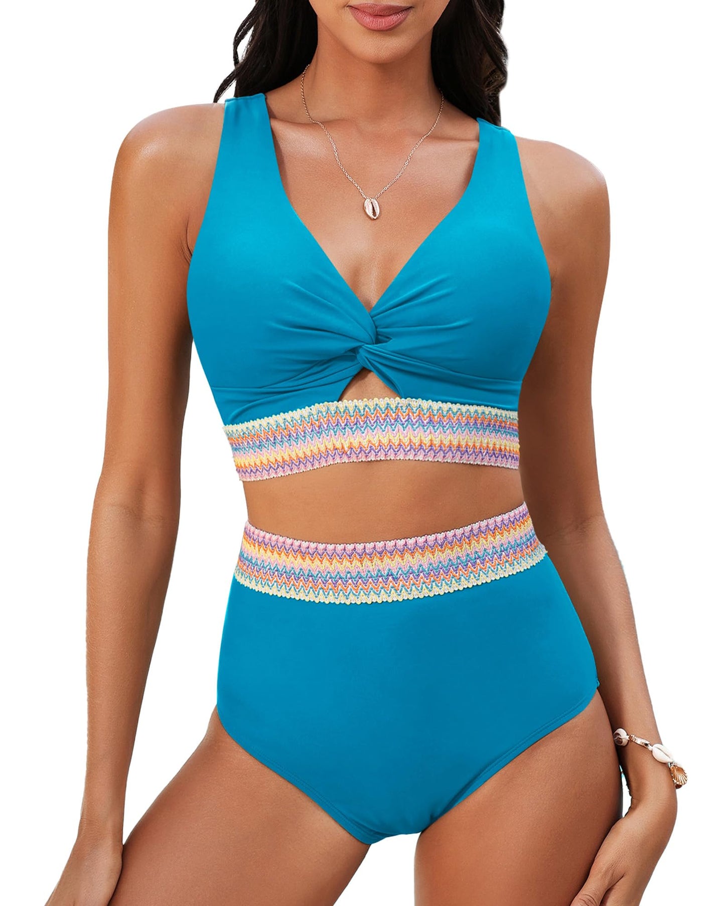 GRAPENT Bikini Sets for Women High Waisted Two Piece Swimsuit Padded Knot Twist Cut Out Color Block Bathing Suit Bikinis