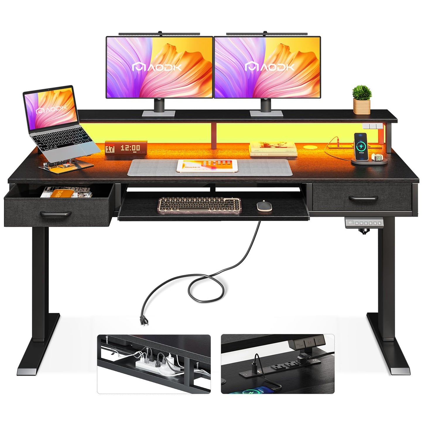 AODK Electric Standing Desk with Drawers & Keyboard Tray, 55 Inch Height Adjustable Gaming Desk with Power Outlets & LED Lights, Sit Stand Table with Monitor Stand for Home, Office, Rustic Brown