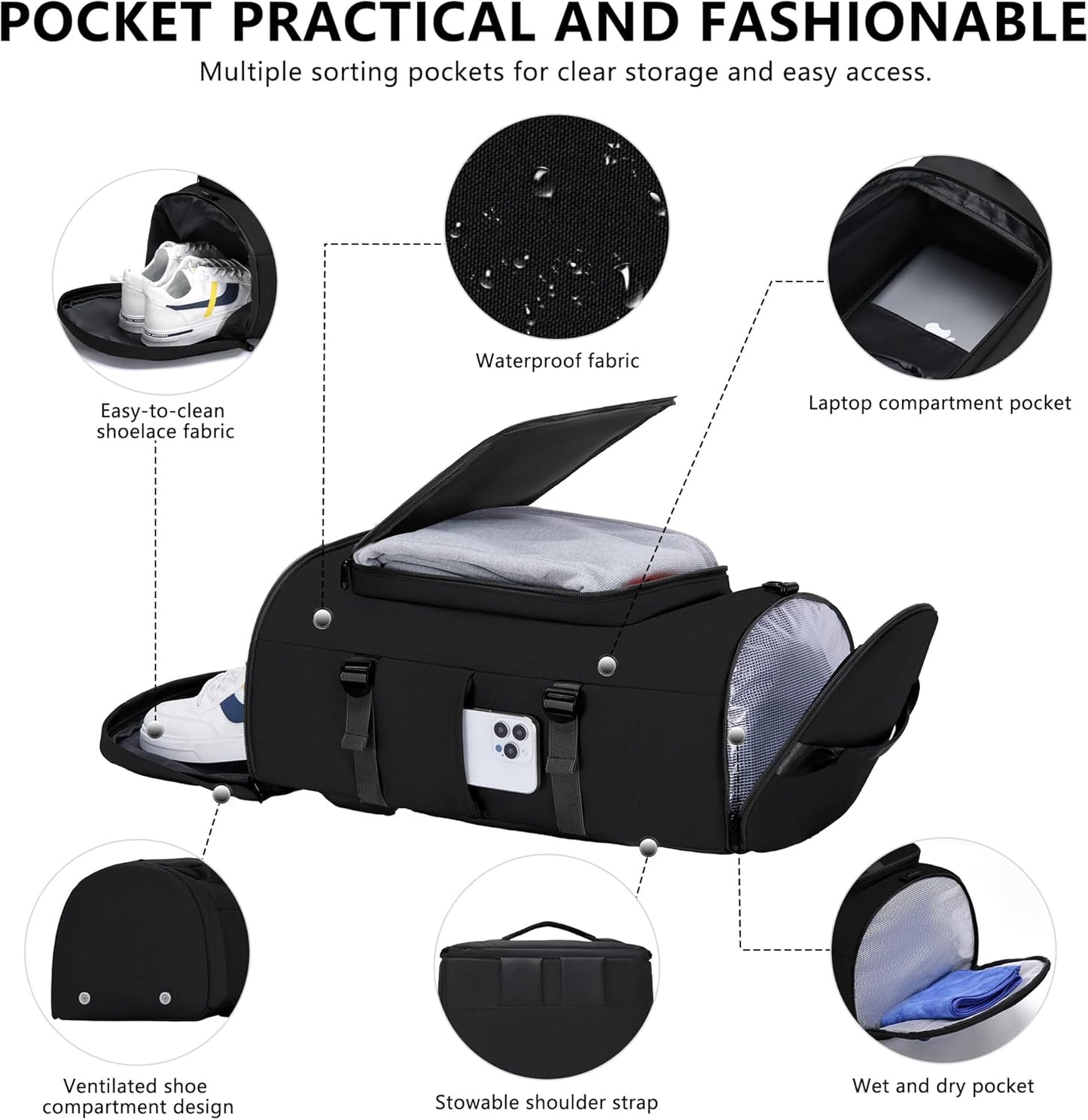Gym Bag for Men Women with Shoes Compartment - Duffle Bag, Travel Backpack, Sports Backpack, Weekender Overnight Bag with Wet Pocket - Black, MIYCOO