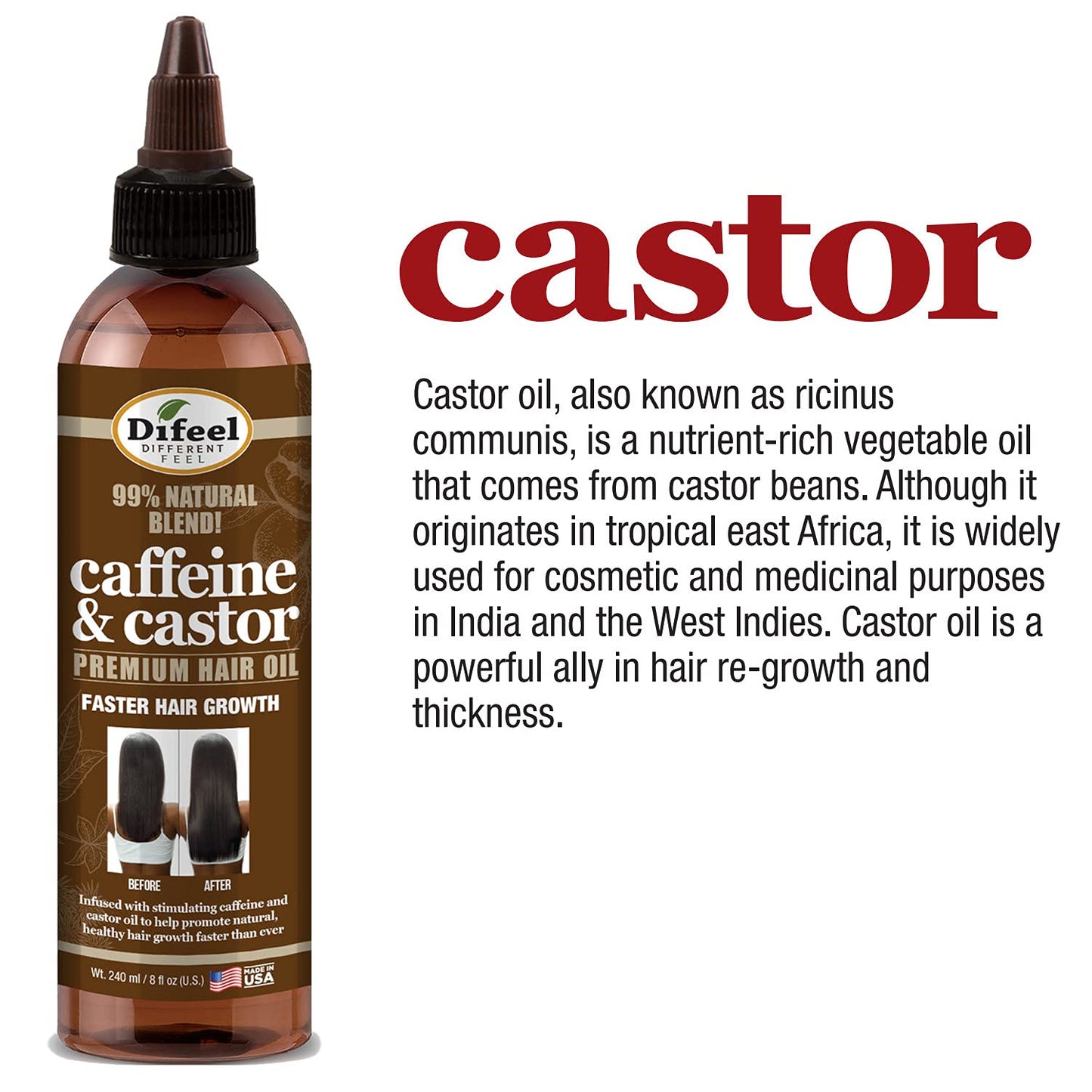 Difeel 99% Natural Premium Hair Oil - Caffeine & Castor Fastest Hair Growth, 8 oz.