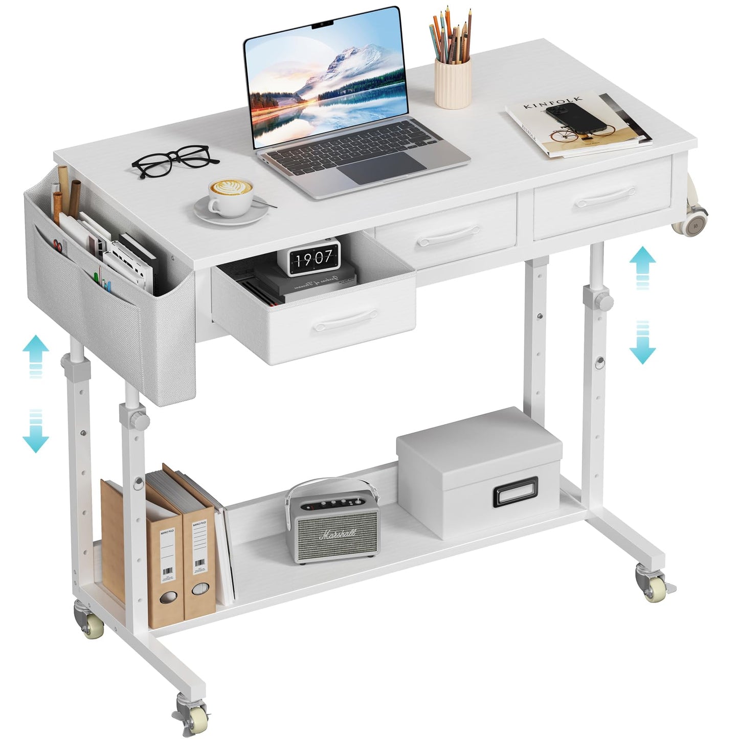 Small Portable Rolling Standing Desk - 32 Inch Adjustable Mobile Teacher Stand Up Desks with 2 Fabric Drawers on Wheels for Classroom, Couch Sofa Side Laptop Table with Storage for Home Office, Black
