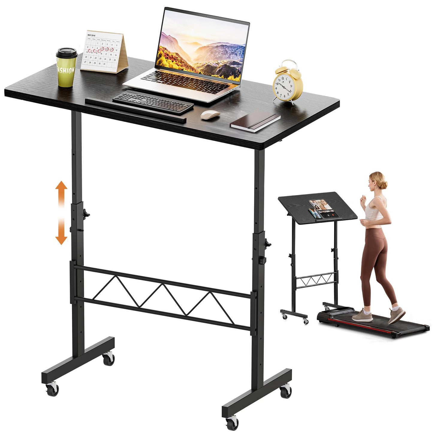 COMHOMA Small Standing Desk Adjustable Height & Tiltable Tabletop, Mobile Stand Up Desk for Laptop, Portable Computer Table for Home Office Work and Walking Pad Treadmill, Height 30.7"-46.4", White