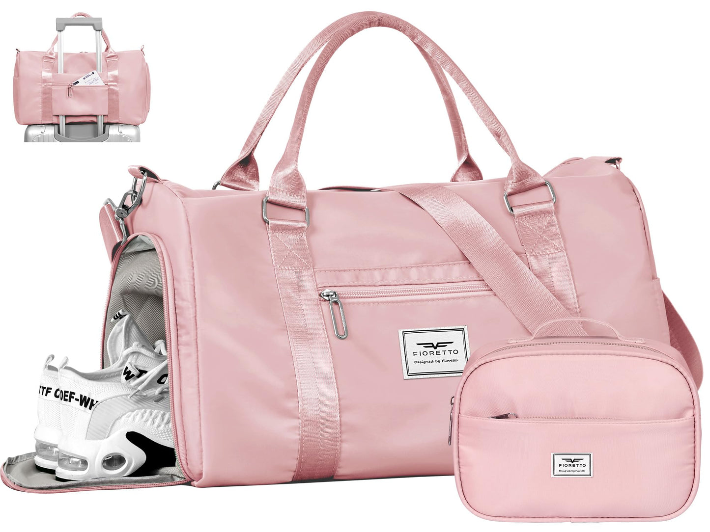 FIORETTO Womens Gym Tote Duffle Bag with Wet Pocket & Shoe Compartment, Sports Duffel Overnight Weekender Hospital Workout Carry on Bag for Girls, Ideal for Travel, Swimming, Dance, Ballet Beige