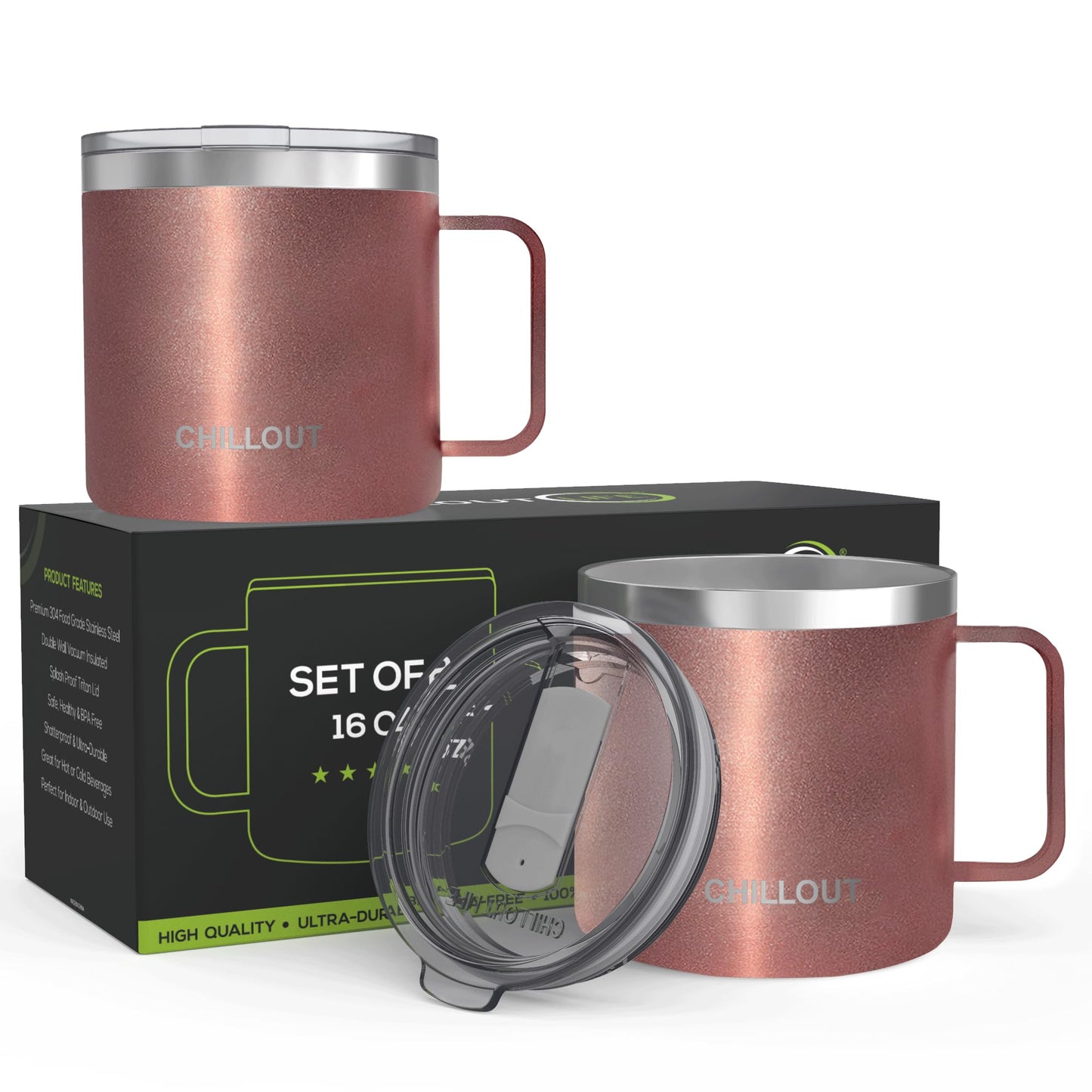 CHILLOUT LIFE Stainless Steel Vacuum Insulated Coffee Mug 16 oz (Set of 2) with Handle and Lid, Large Thermal Camping Coffee Mugs with Sliding Lid for Men & Women, Keeps Your Beverages Hot & Cold