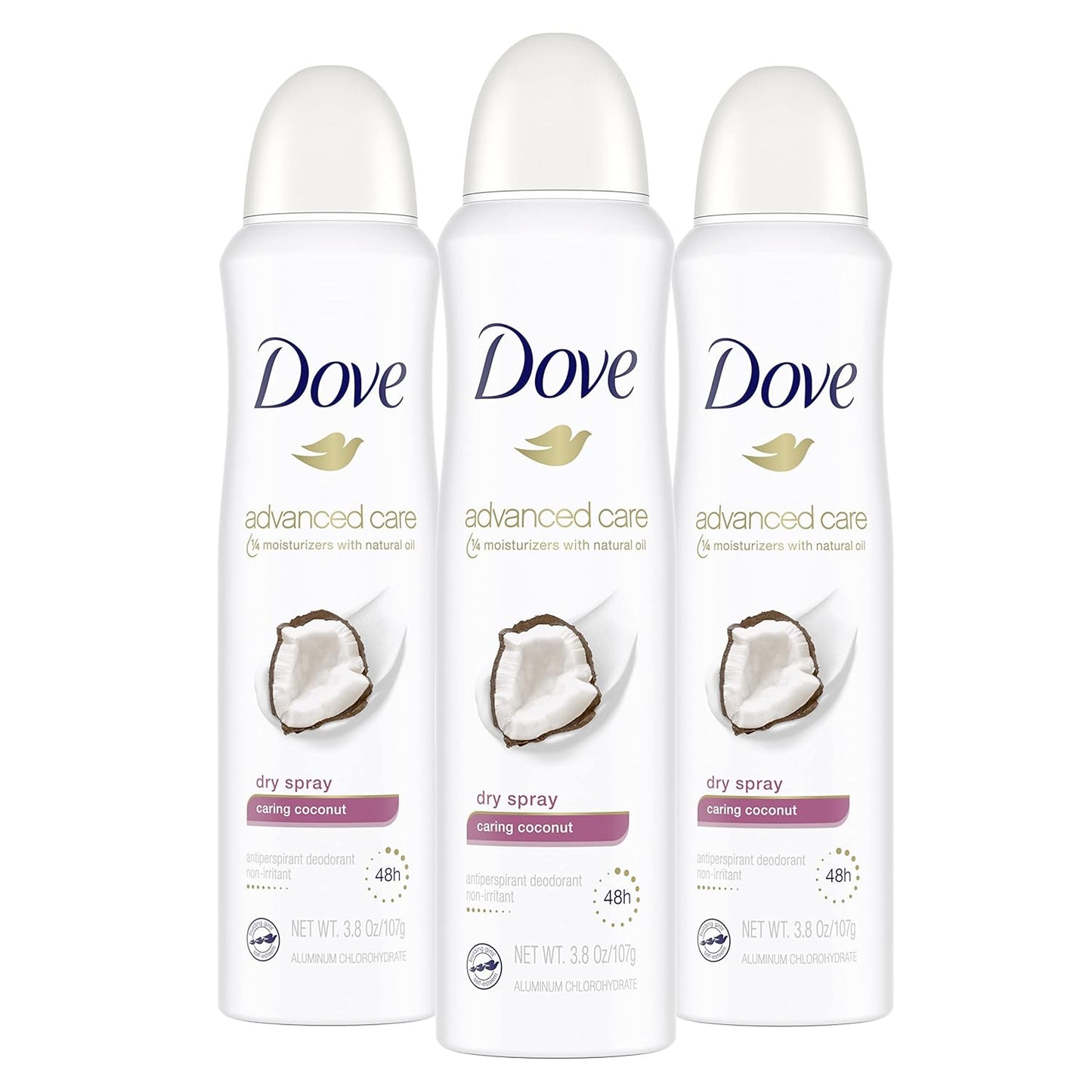 Dove Advanced Care Dry Spray Antiperspirant Deodorant Caring Coconut 3 Count For Women With 48 Hour Protection Soft And Comfortable Underarms 3.8 oz