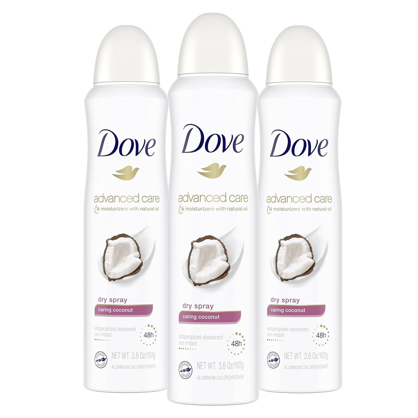 Dove Advanced Care Dry Spray Antiperspirant Deodorant Caring Coconut 3 Count For Women With 48 Hour Protection Soft And Comfortable Underarms 3.8 oz