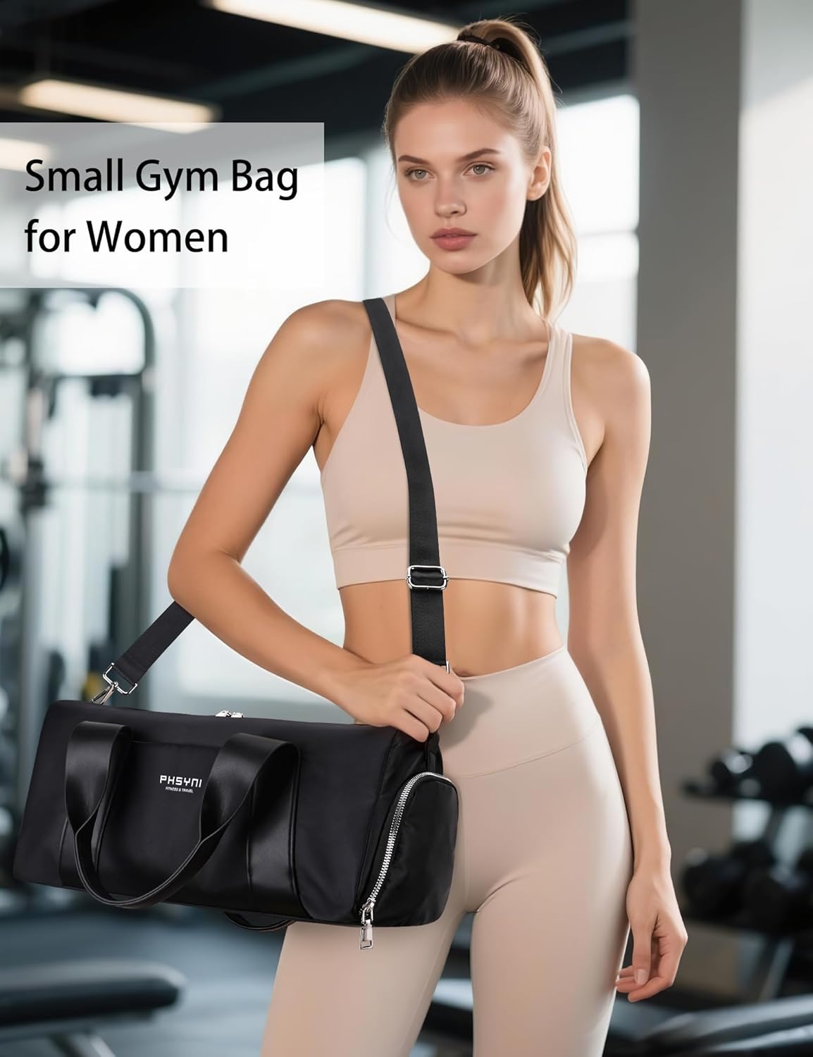Compact Sports Gym Bag for Women and Men, Cute Mini Duffle Bag with Wet Pocket & Shoes Compartment, Personal Item Travel Workout Bag, 16"-Small, Black