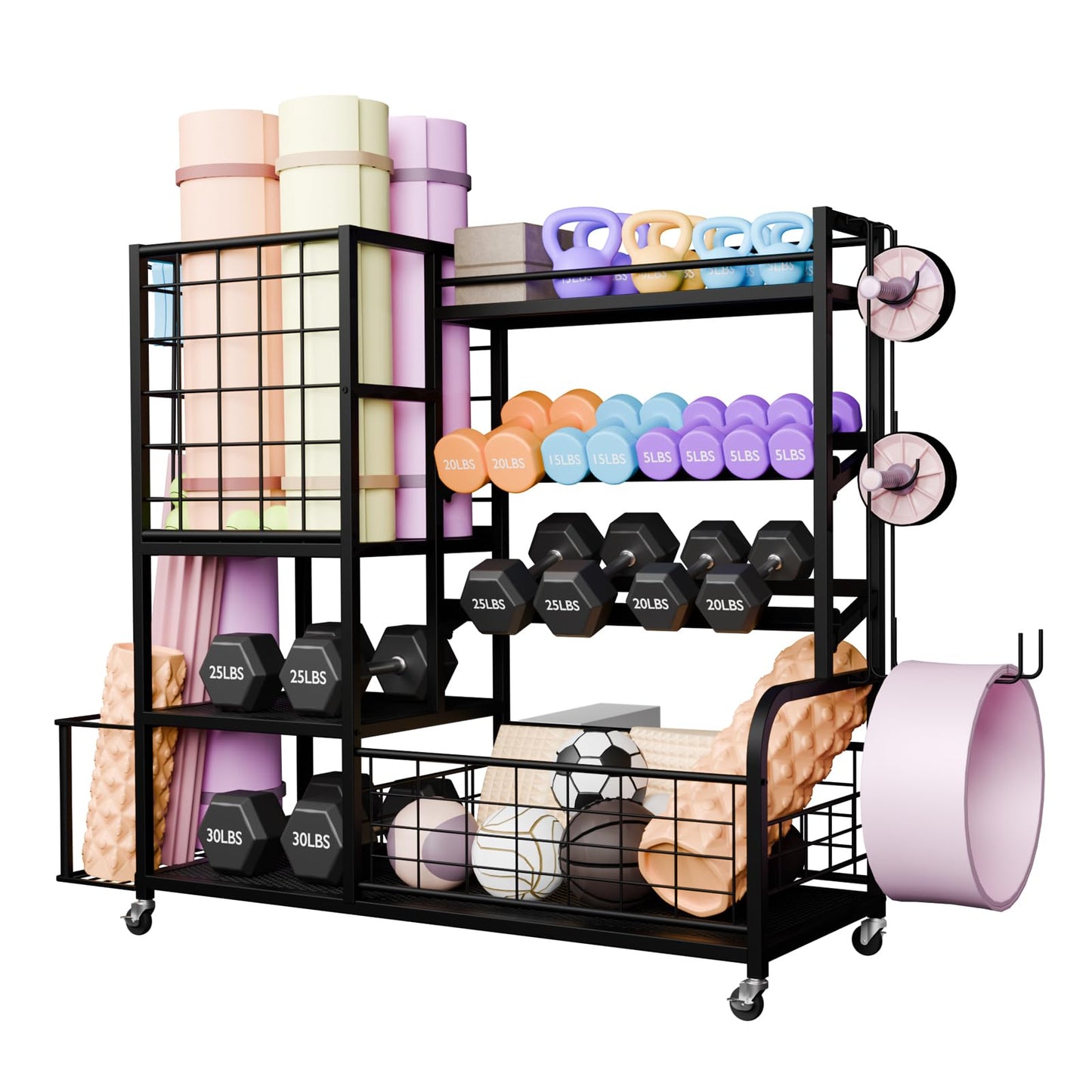 Dumbbell Rack Weight Stand - 4-Tier Adjustable Weight Rack for Dumbbells, Home Gym Storage Rack for Yoga Mat Foam Roller Kettlebells, Workout Equipment Storage Organizer With Wheels