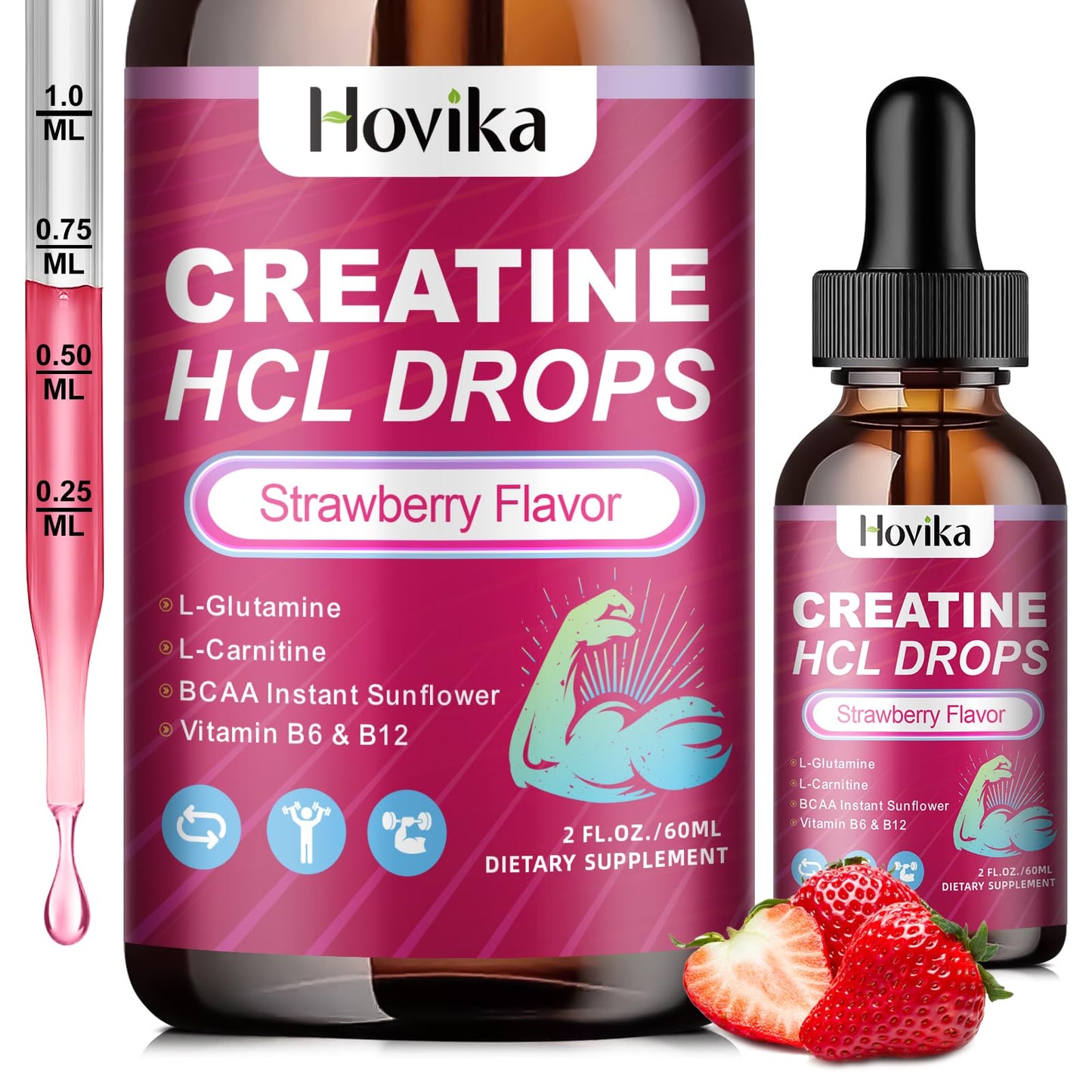 Creatine HCL Liquid Drops for Men & Women, Creatine Hydrochloride with L-Carnitine, L-Glutamine, BCAA, Vitamin B12 & B6 for Muscle Growth & Recovery-Vegan, Mixed Berry Flavor Flavor, 2 Fl Oz