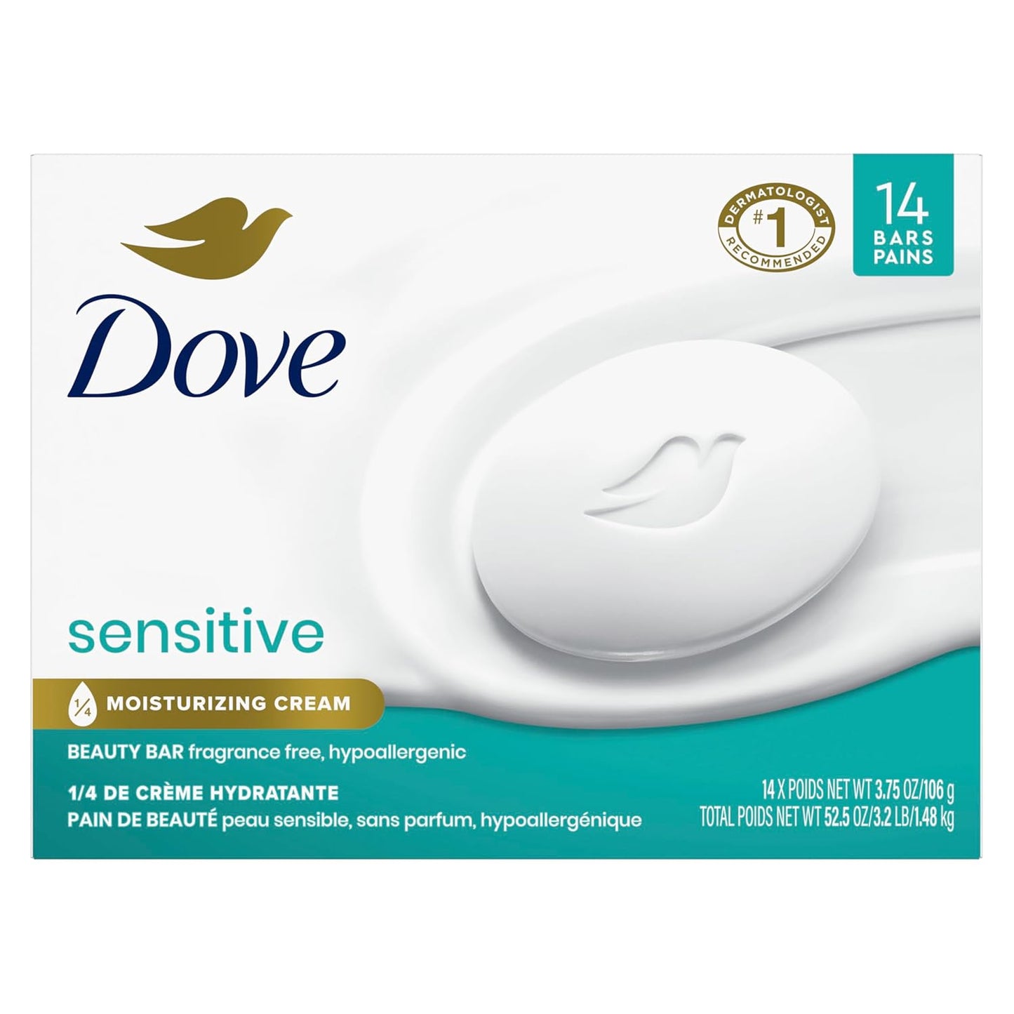 Dove Beauty Bar More Moisturizing Than Bar Soap for Softer Skin, Fragrance-Free, Hypoallergenic Beauty Bar Sensitive Skin With Gentle Cleanser 3.75 oz 14 Bars