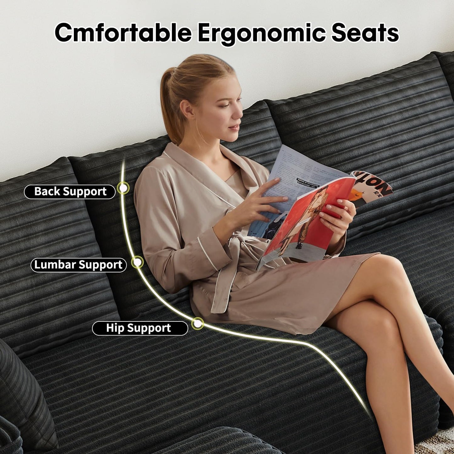 107.5" Cloud Modular Sectional Sofa with 1 Ottoman,Modern Minimalist Upholstered Couches, Comfort U Shaped Sofa for Living Room,Deep Seat Corner Couch,No Assembly Required (Black,Left Facing Chaise)