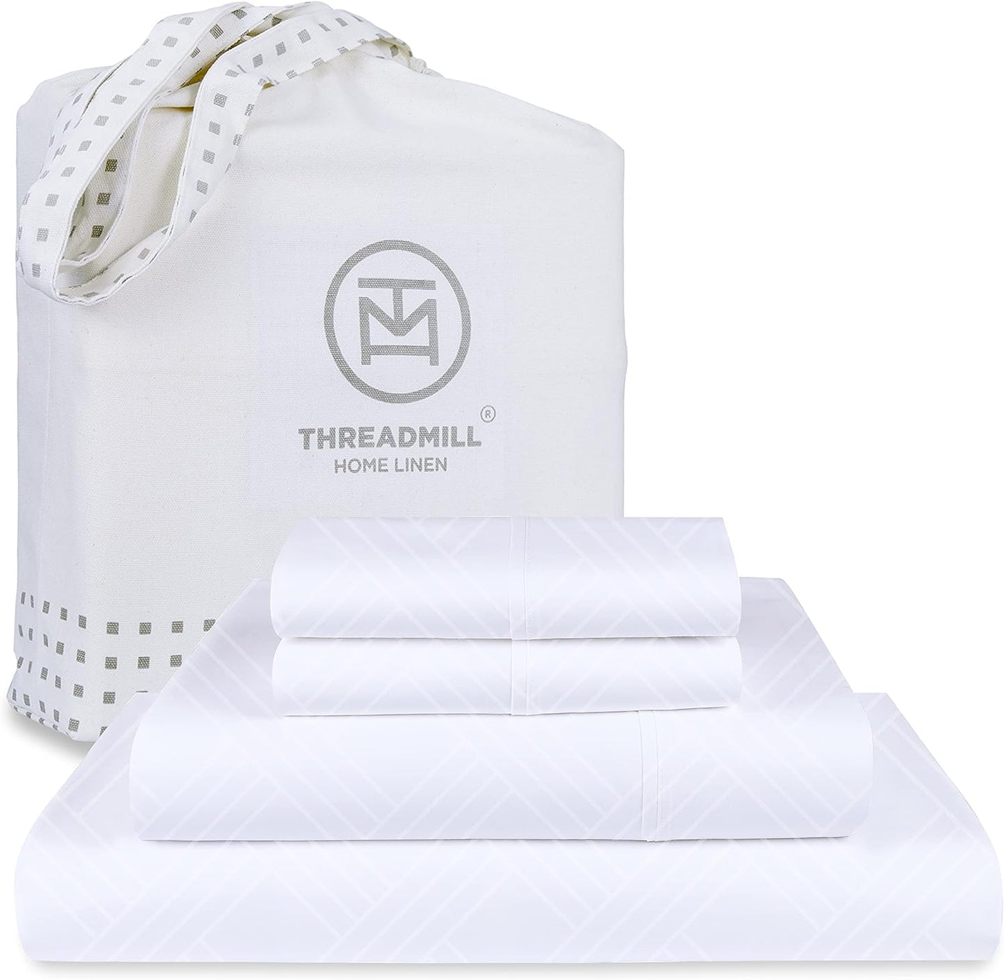 Threadmill Luxury 100% Cotton King Size Sheets Set- 800 Thread Count Jacquard Celine Hotel White, Better Than Egyptian Cotton,4 Pc Striped Bed Set, Damask Bed Sheets with 16" Deep Pocket