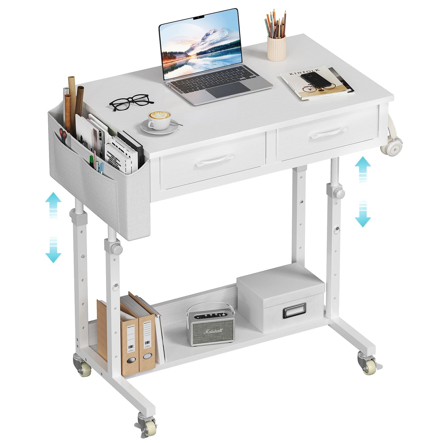 Small Portable Rolling Standing Desk - 32 Inch Adjustable Mobile Teacher Stand Up Desks with 2 Fabric Drawers on Wheels for Classroom, Couch Sofa Side Laptop Table with Storage for Home Office, Black