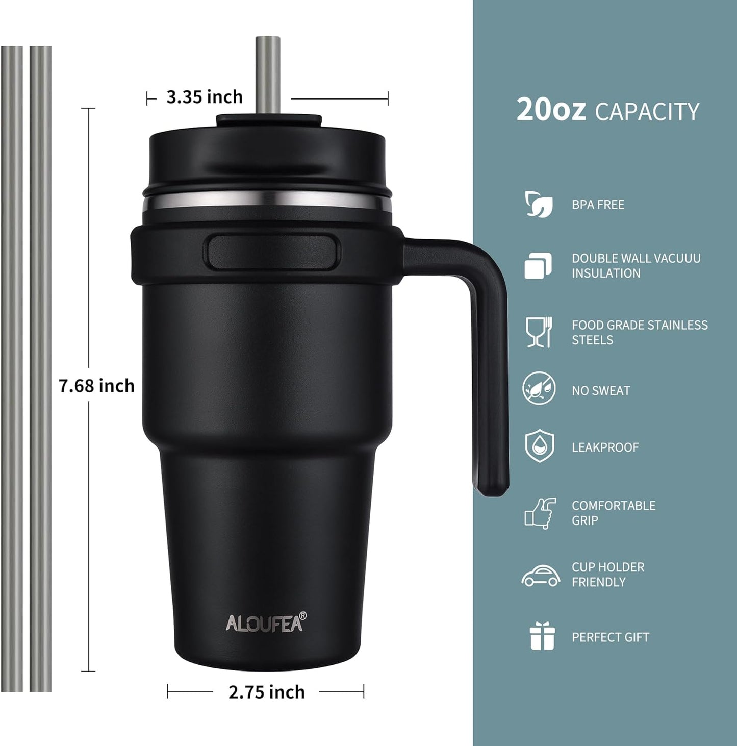 ALOUFEA 20 oz Insulated Coffee Mug Tumbler with Handle, Stainless Steel Travel Mug Tumbler with Lid and Straw,Double Wall Vacuum Leak Proof Ice Coffee Thermal Cup, Black