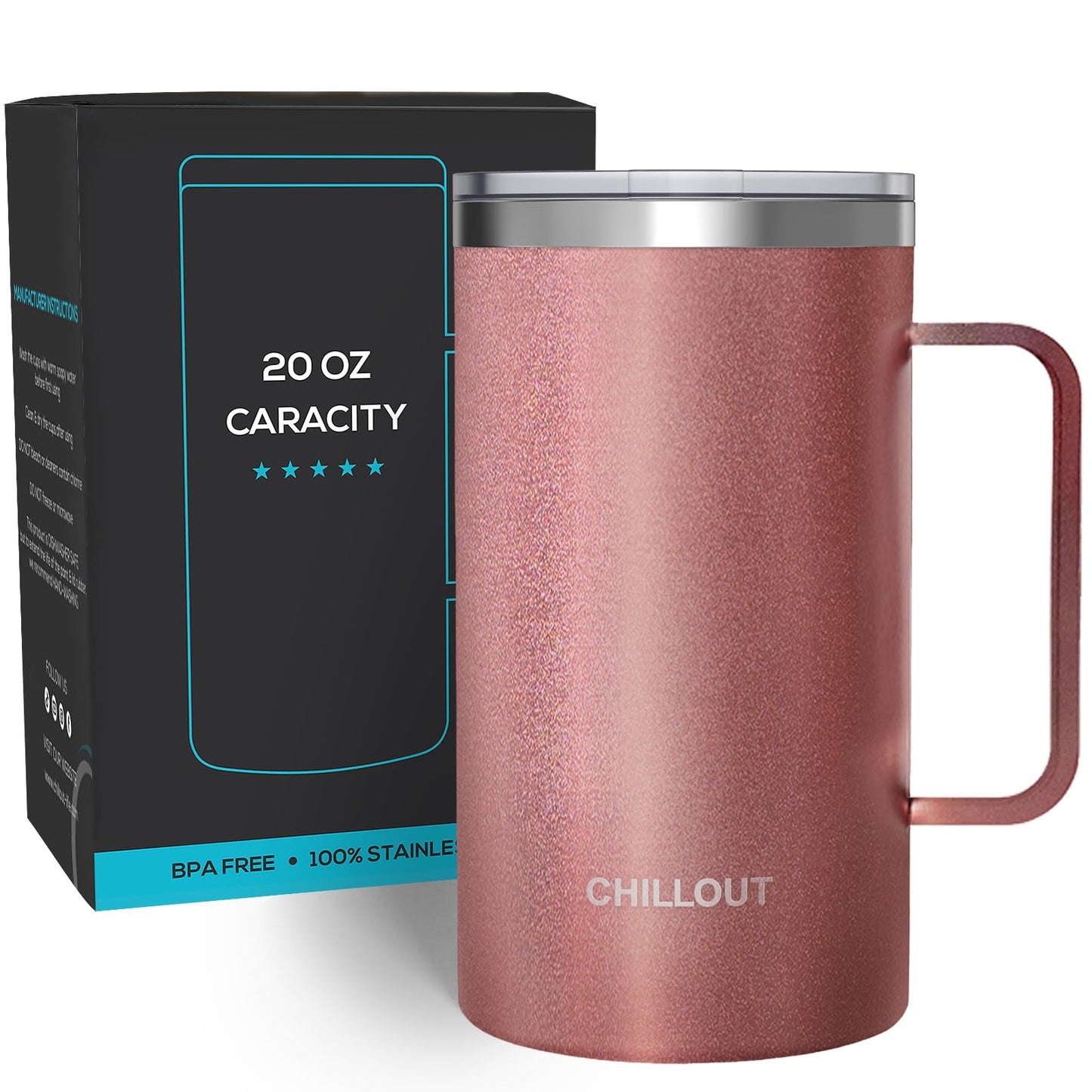 CHILLOUT LIFE Stainless Steel Vacuum Insulated Coffee Mug 16 oz (Set of 2) with Handle and Lid, Large Thermal Camping Coffee Mugs with Sliding Lid for Men & Women, Keeps Your Beverages Hot & Cold