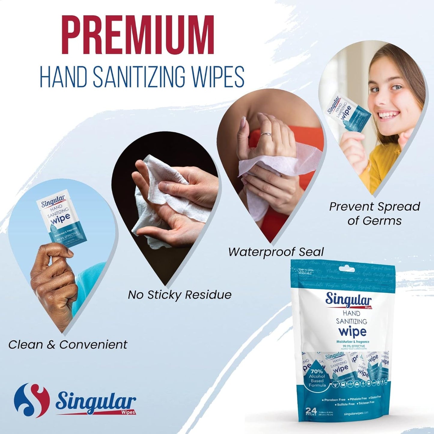 Hand Sanitizing Wipes Travel Size by Singular Wipes – 24ct bag, Individually Wrapped | Fresh Citrus Scent, Moisturizing, 70% Alcohol Wipes | Travel, Office, School, Home | Made in USA