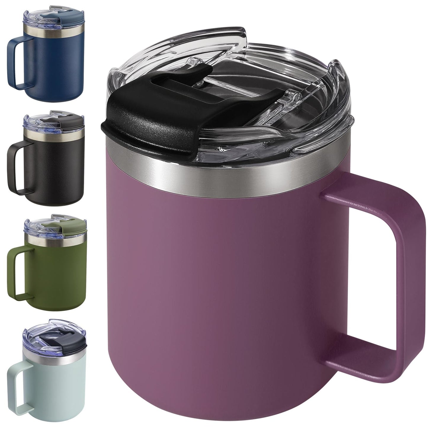 ALOUFEA 12oz Stainless Steel Insulated Coffee Mug with Handle, Double Wall Vacuum Travel Mug, Tumbler Cup with Sliding Lid, Navy
