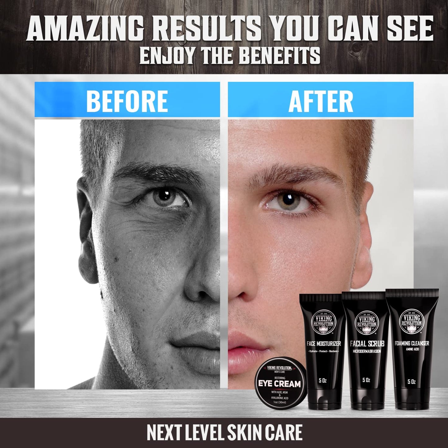 Viking Revolution Mens Facial Skin Care Kit - Includes Rejuvenating Face Moisturizer (5oz) Microdermabrasion Facial Scrub (5oz) Foaming Cleanser (5oz) Eye Cream (1oz)