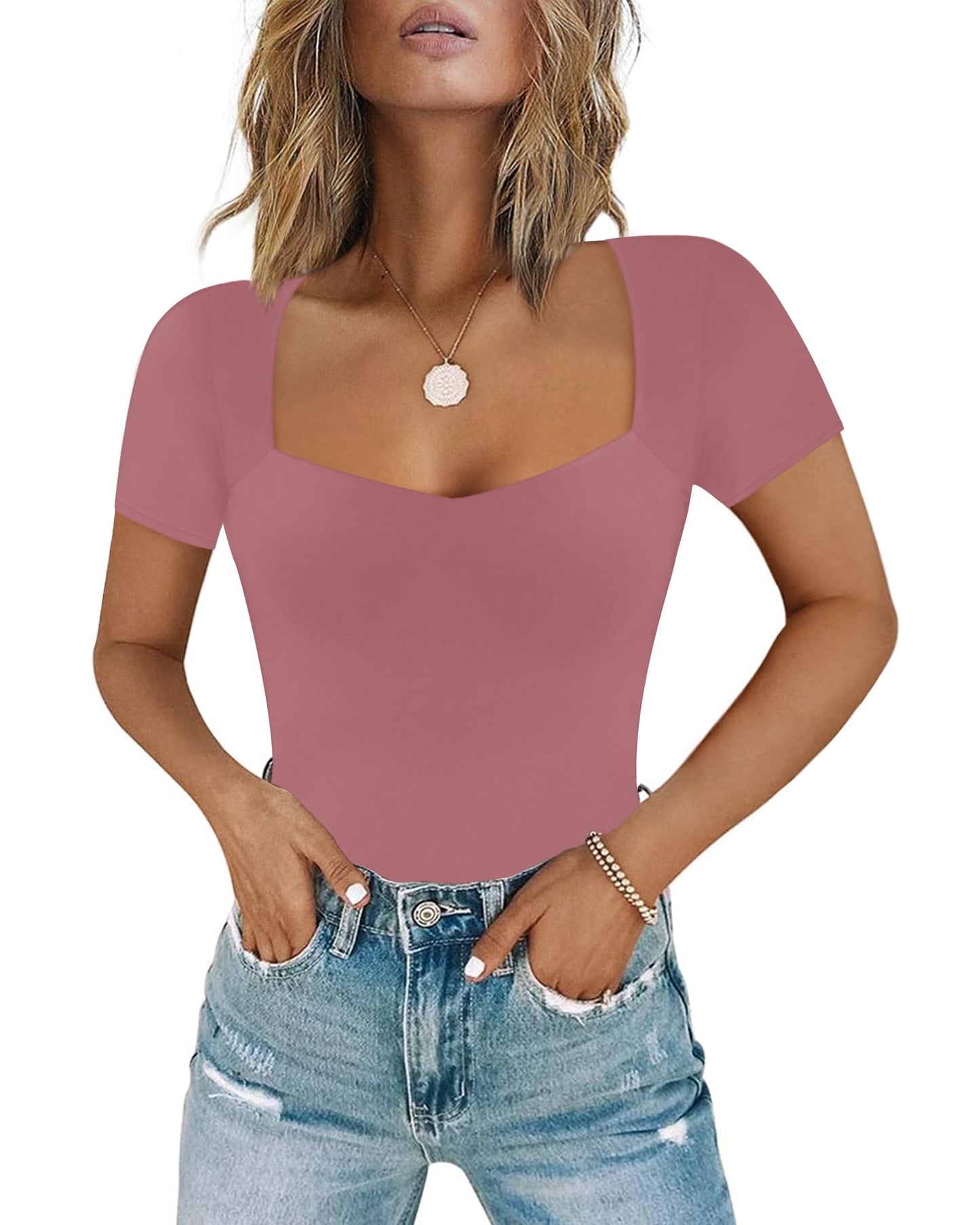 Chunpin Women's Sexy Square Neck Long Sleeve Bodysuit Double Lined Tops Thong Bodysuit