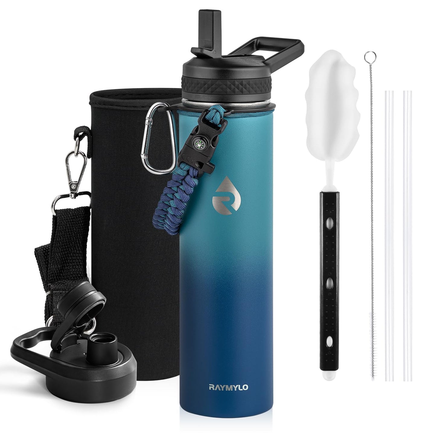 Insulated Water Bottle 64 oz, Triple Wall Vacuum Stainless Steel (Cold for 48 Hrs), Leak Proof & Non-BPA, Half Gallon Water Flask Jug with Paracord Handle & Straw Spout Lids, Magic Black