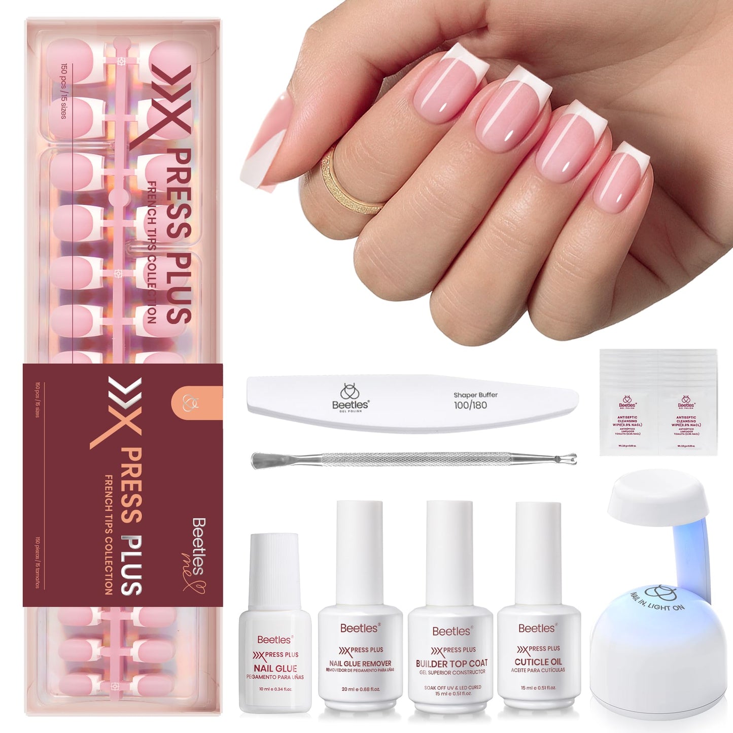 Beetles X Press Gel Nail Kit: Long Square French Tip Press On Nails Kit With 224Pcs Nail Tips Nail Glue & Builder Top Coat Mini UV Light, All-in-One DIY Designs Gift For Women At Home 16 Size