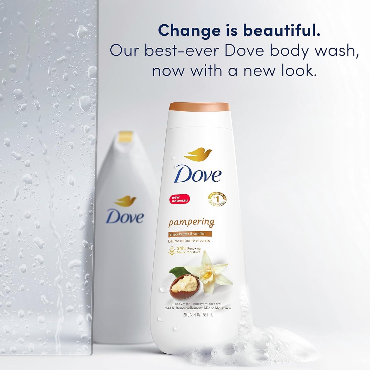 Dove Body Wash 4 Count Pampering Shea Butter & Vanilla for Renewed, Healthy-Looking Skin Gentle Skin Cleanser with 24hr Renewing MicroMoisture 20 oz