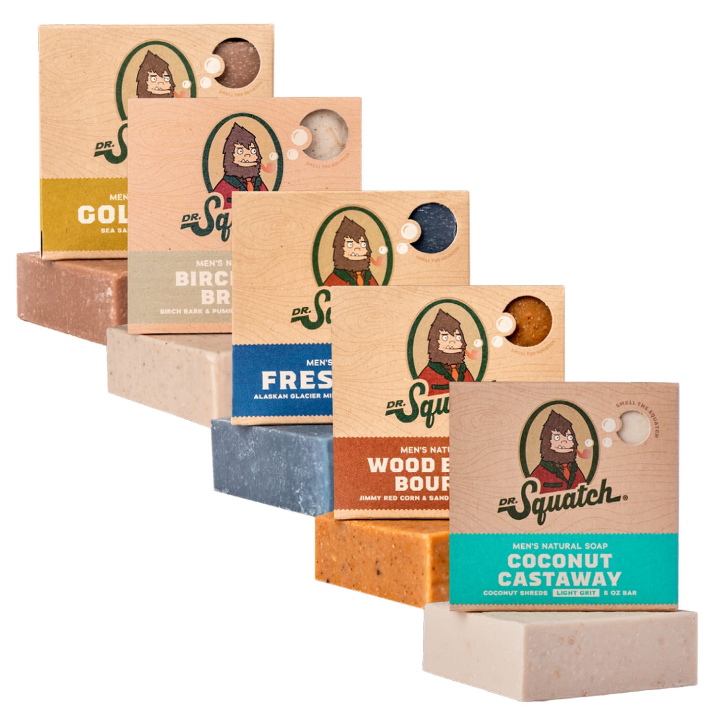 Dr. Squatch Natural Bar Soap for Men Variety Gift Set - Cold Process Soap No Harsh Chemicals - Rainforest Rapids, Coconut Castaway, Fresh Falls, Summer Citrus & Eucalyptus Greek Yogurt (5 oz, 5-Pack)