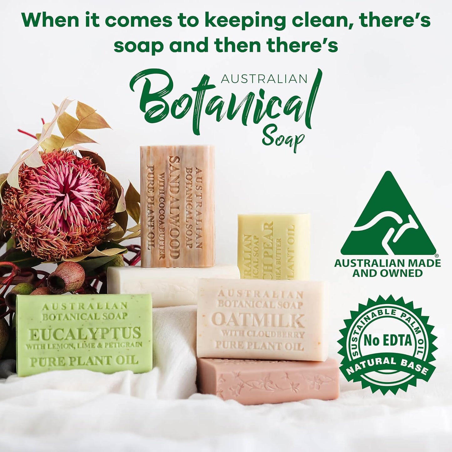 Australian Botanical Soap, Sea Salt, Lemongrass, Pink Lychee, Valencia Orange 6.6 OZ, Luxury Soap Bars Enriched with Shea Butter, Vegan Friendly Assorted Pack of 4