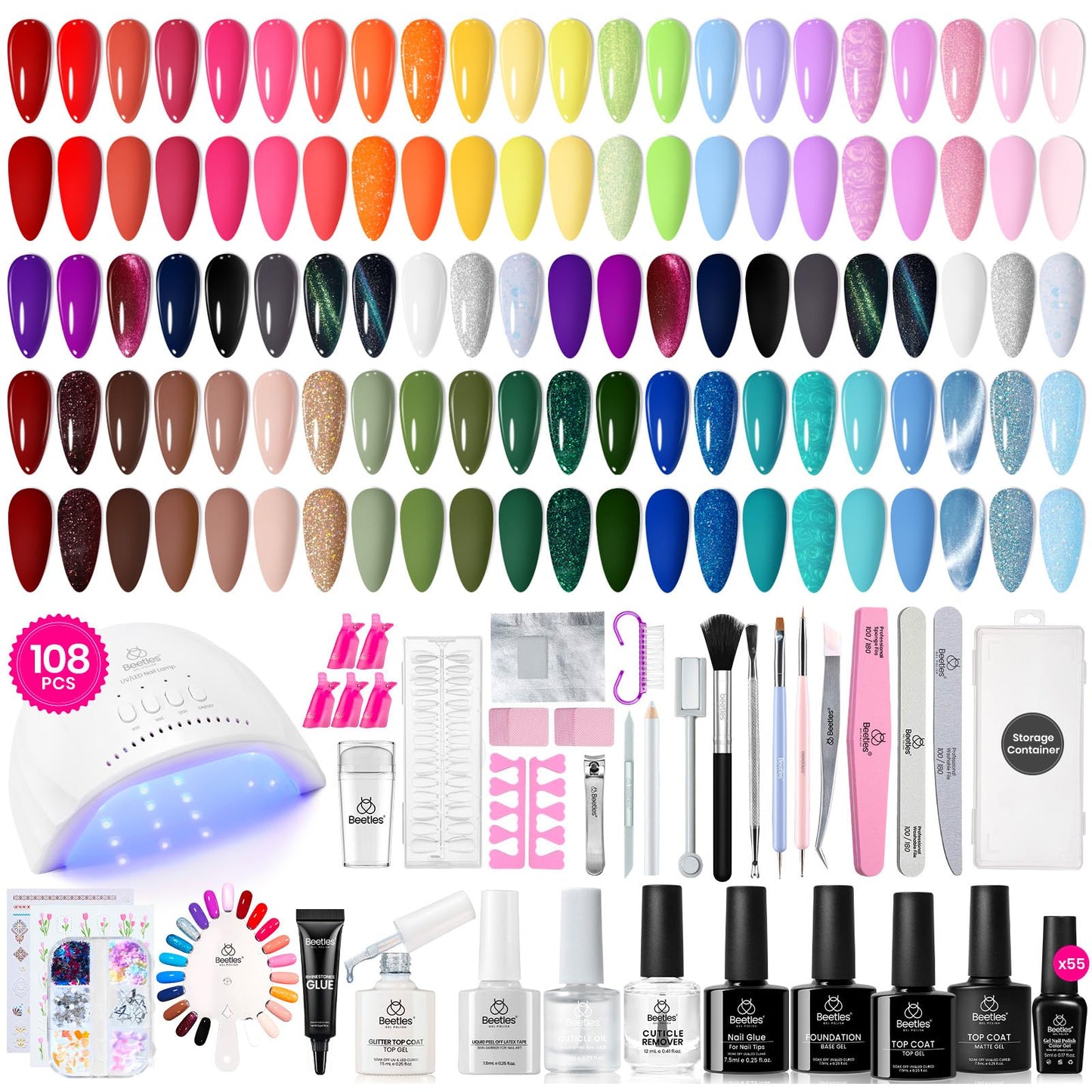 Beetles 110 PCS Gel Nail Polish Set, 100 Colors Infinite Inspiration All Season Red Brown Green Black Gel Polish with 5Pcs Base Top Coat Soak off UV Gel for Manicure Lovers DIY at Home Gifts for Women
