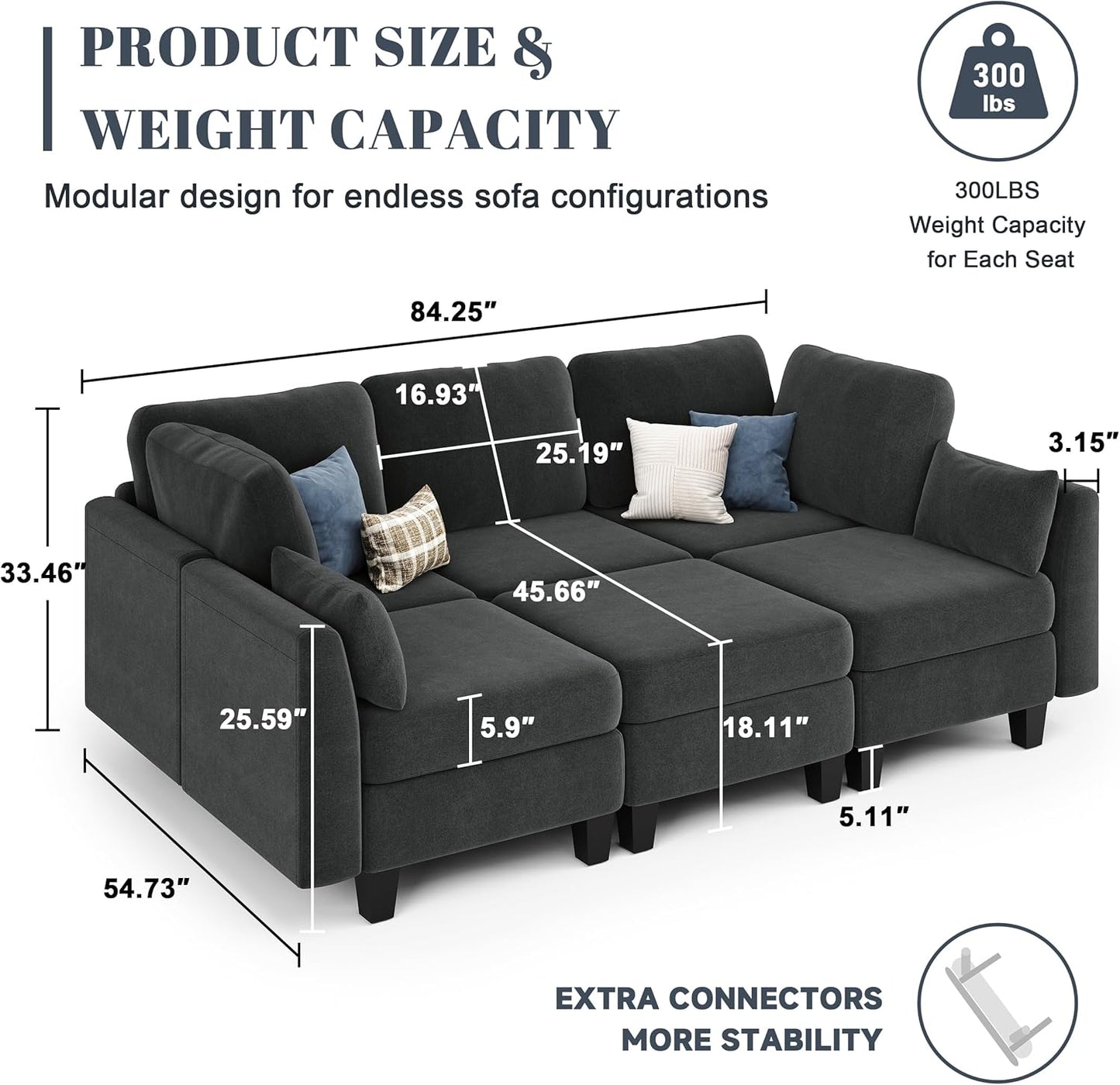 Sectional Sleeper Sofa, 6 Seaters Dark Grey Modular Sleeper Sofa Couch, Comfy Sectionals Couches Bed, Convertible Sofas with Ottomans, Modular Sectional Couches for Living Room