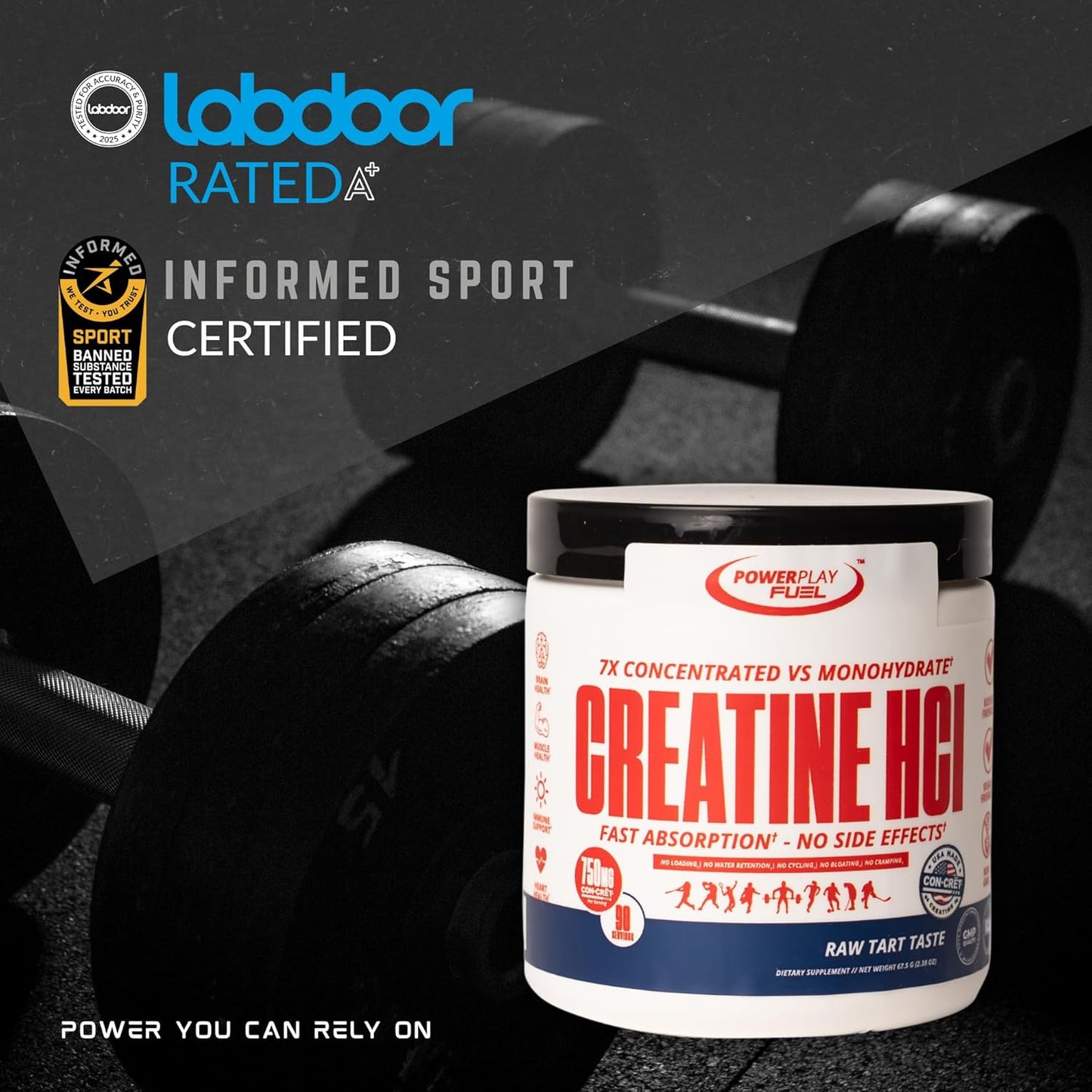 CREATINE HCl Powder for Men and Women, Muscle Strength, Brain Performance, Heart Health & Immune Support - Raw Tart Taste, 90 Servings