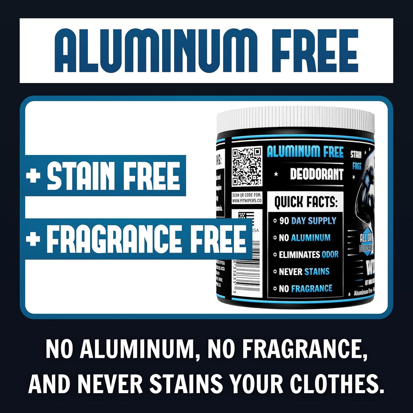 Aluminum Free Unscented Underarm Deodorant, Incredibly Effective, Stain-Free, Maximum Strength, for Men and Women, Paraben-Free, 90 Wipes (3 month supply) (Unscented, 90 count)