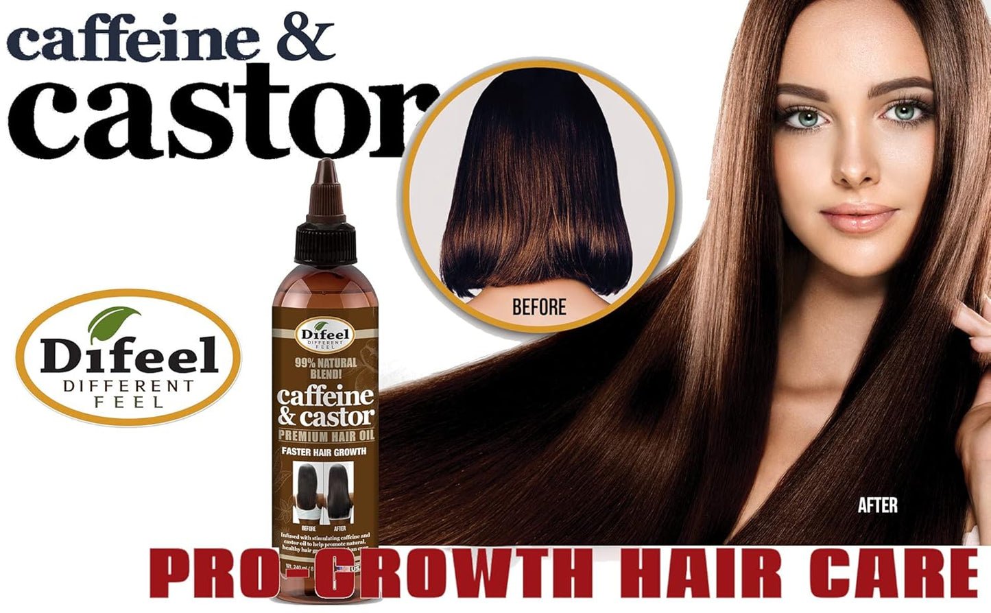 Difeel 99% Natural Premium Hair Oil - Caffeine & Castor Fastest Hair Growth, 8 oz.