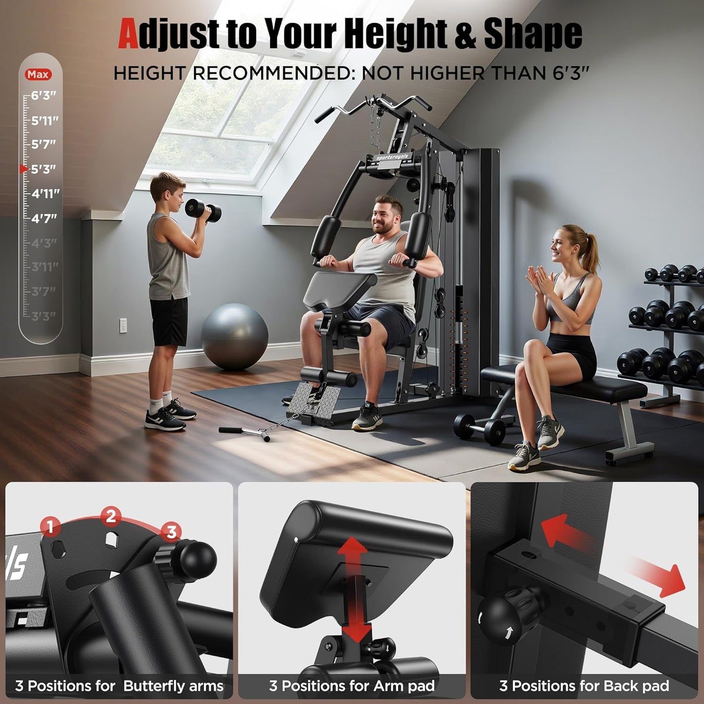 Sportsroyals Home Gym, Multifunctional Home Gym Equipment, Workout Station with 154LBS Weight Stack, Exercise Equipment for Full Body Traning with Pulley System