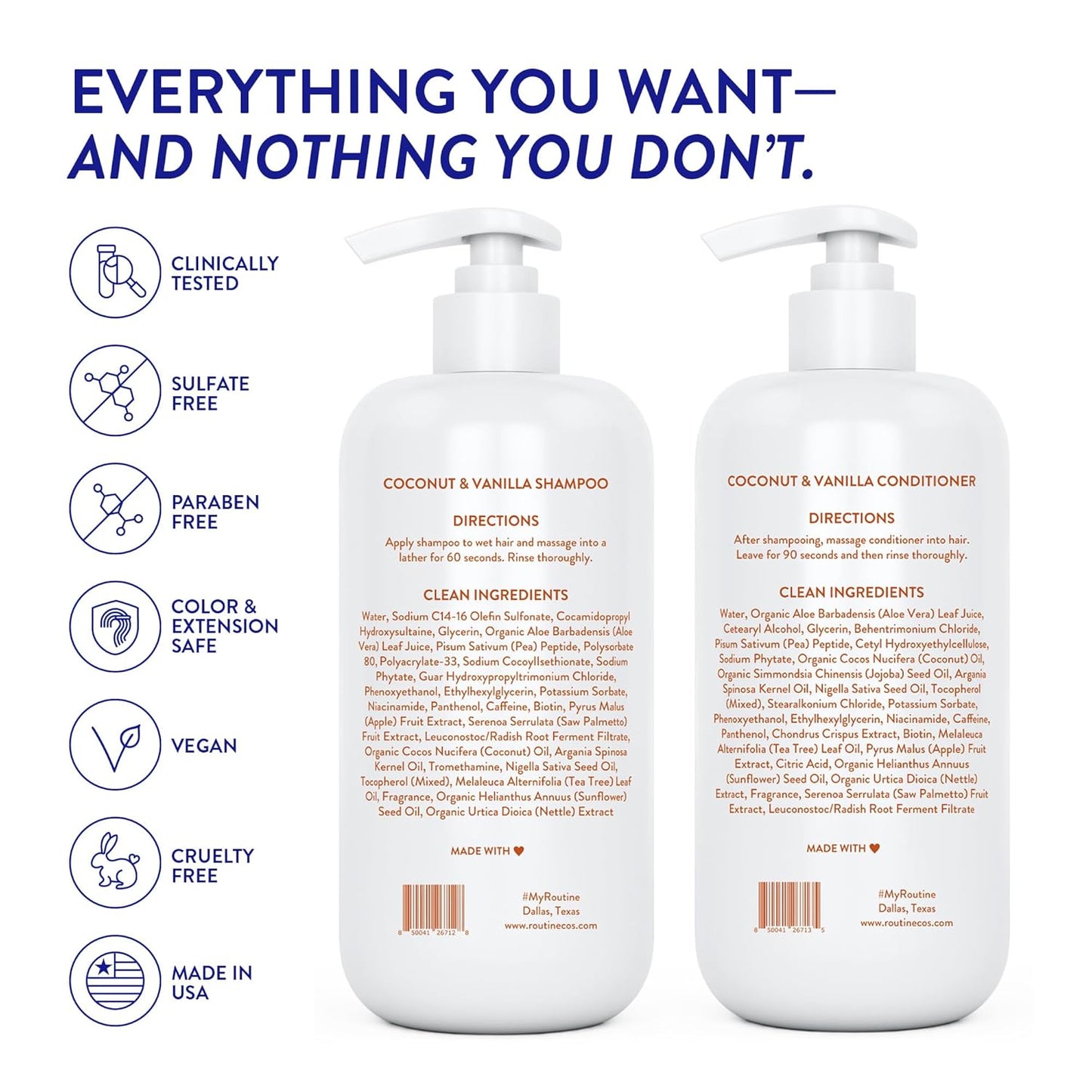 Routine Wellness Anti-Thinning Shampoo and Conditioner Set for Thinning Hair - Biotin DHT Blocker Women & Men - Color Safe Shampoo for Hair Loss & Healthier Hair - Coconut & Vanilla (Pack of 2)