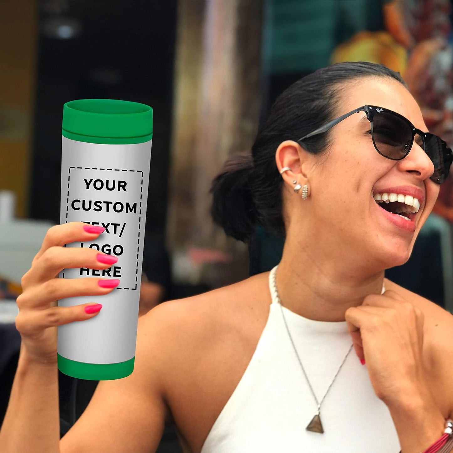 Custom Slim Color Top Stainless Steel Travel Mug 16 oz. Set of 10, Personalized Bulk Pack - Perfect for Coffee, Soda, Other Hot & Cold Beverages - Green
