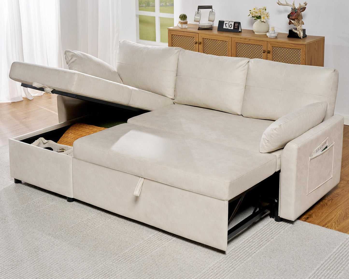 VanAcc Sleeper Sofa, Sofa Bed- 2 in 1 Pull Out Couch Bed with Storage Chaise, Sleeper Couch for Living Room, Grey Linen