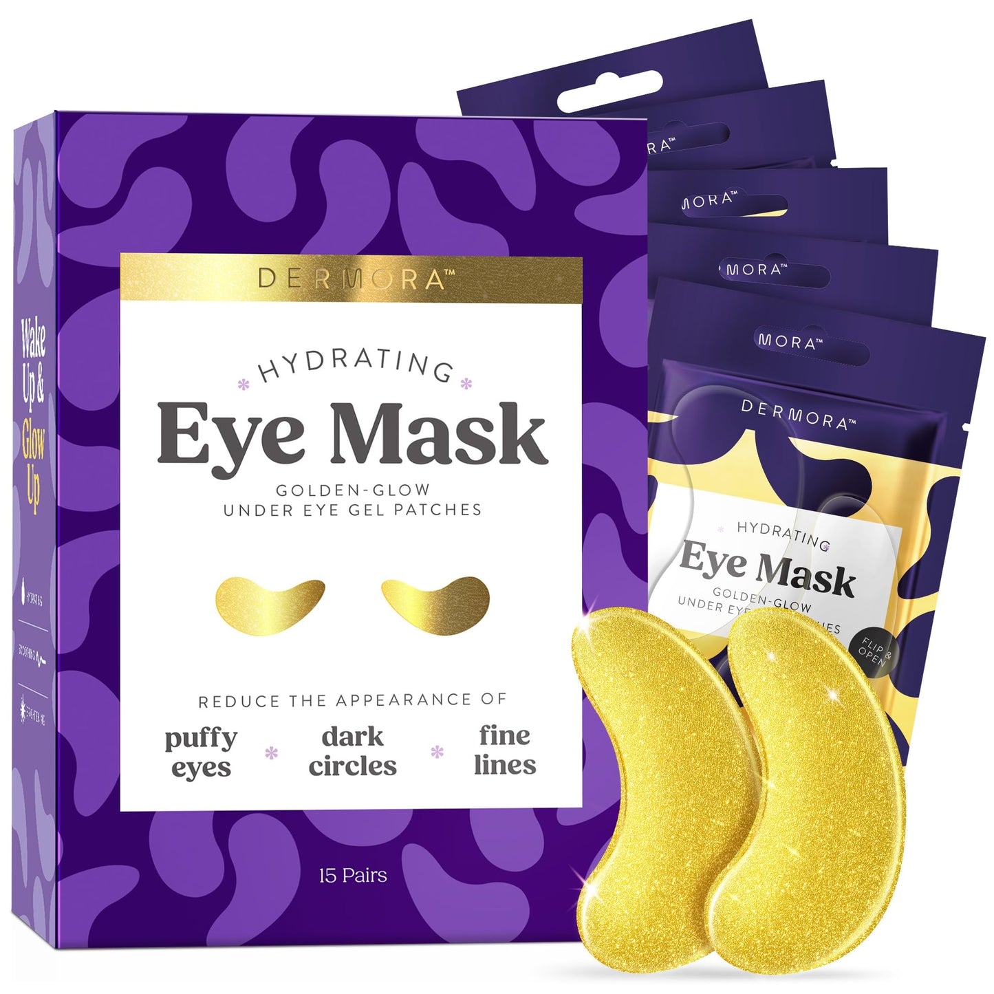 DERMORA Golden Glow Under Eye Patches (30 Pairs Eye Gels) - Rejuvenating Treatment for Dark Circles, Puffy Eyes, Refreshing, Revitalizing, Travel, Wrinkles