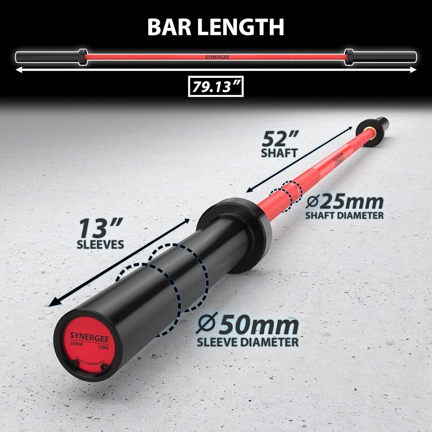 Synergee Games 15kg and 20kg Colored Ceramic Coated Barbells. Rated 1500lbs for Weightlifting and Powerlifting. Black, Red, Grey, Pink