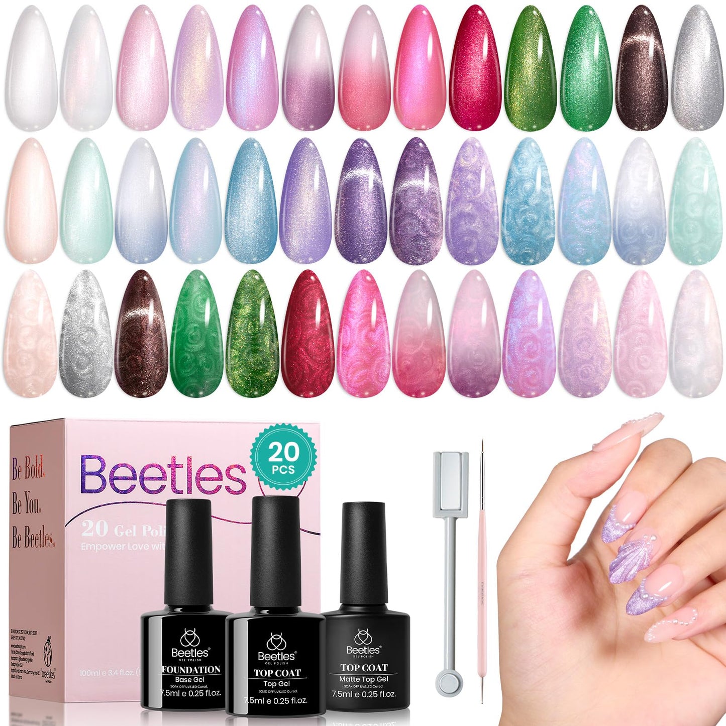 Beetles Cat Eye Gel Nail Polish Set-36 Colors Red Purple Brown Green Burgundy Magnetic Gel Nail Polish with Base Gel Glossy Matte Top Coat Magnet,Soak off UV Nail Gel DIY Nail Art Gift for Women