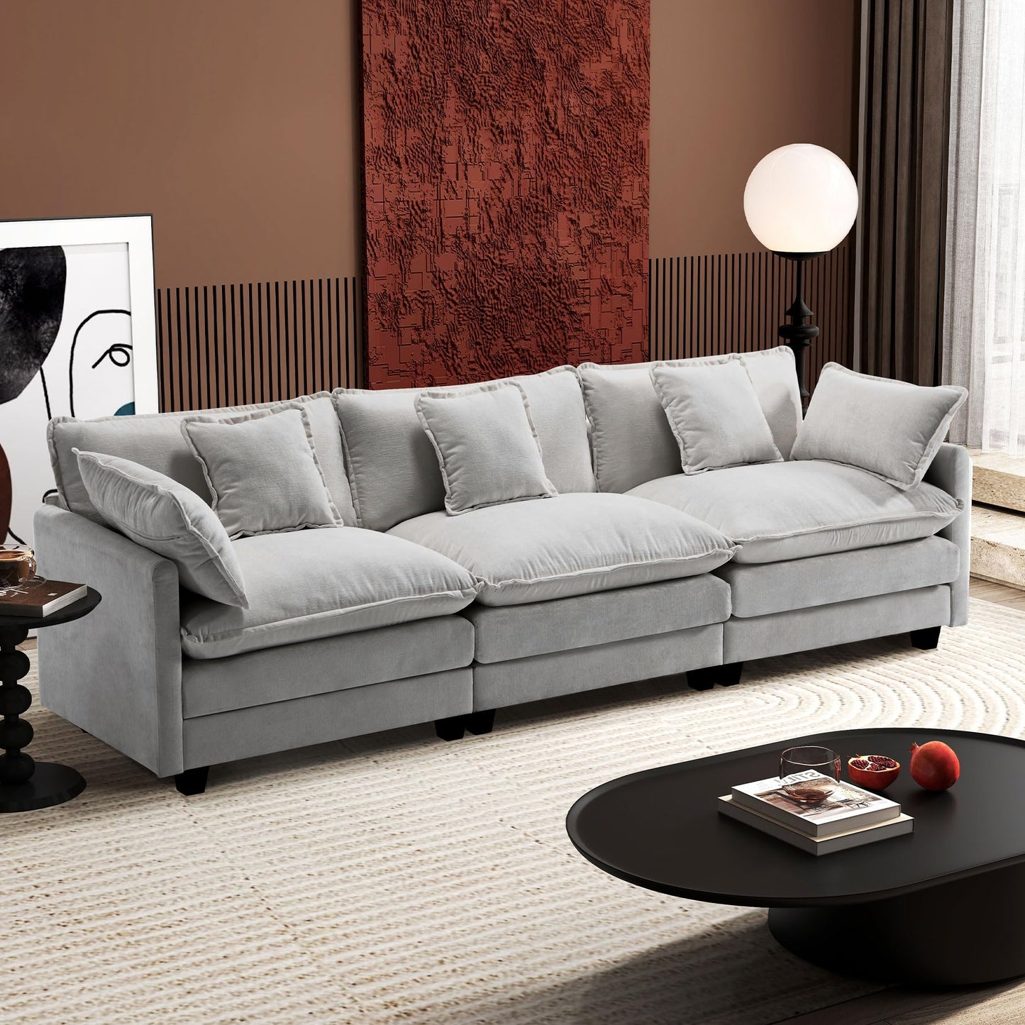 Ihanherry 146" U-Shaped Modern Sofa Modular Sectional Cloud Couch with 2 Ottoman, 6-Seat Chenille Deep Seat Sofa with 6 Pillows for Living Room, Bedroom and Apartment, Grey