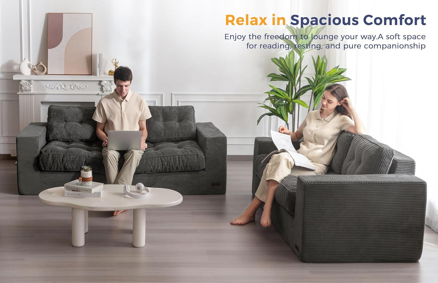 MAXYOYO 3 Seater Couch for Living Room, Boneless Couch with Tufted Cushion & Backrest, Upholstered Floor Sofa with Armrests, Sofa in A Box, No Assembly Required, Dark Grey
