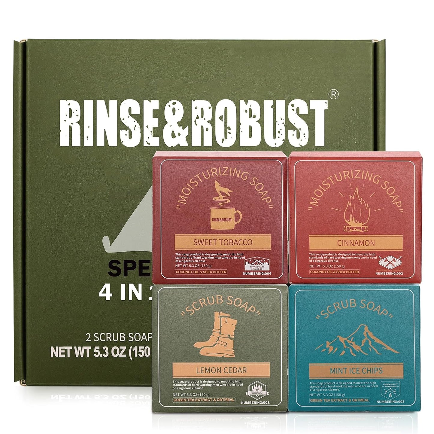 Rinse & Robust Mens Bar Soap 4Pcs Natural Soap Bar Set Cleansing Bar Moisturizing&Exfoliating Scrub Soap Gift Set for Men Face Body Hand Beard Wash 4 In 1 All Skin Type |5.3 oz of 4 Bars